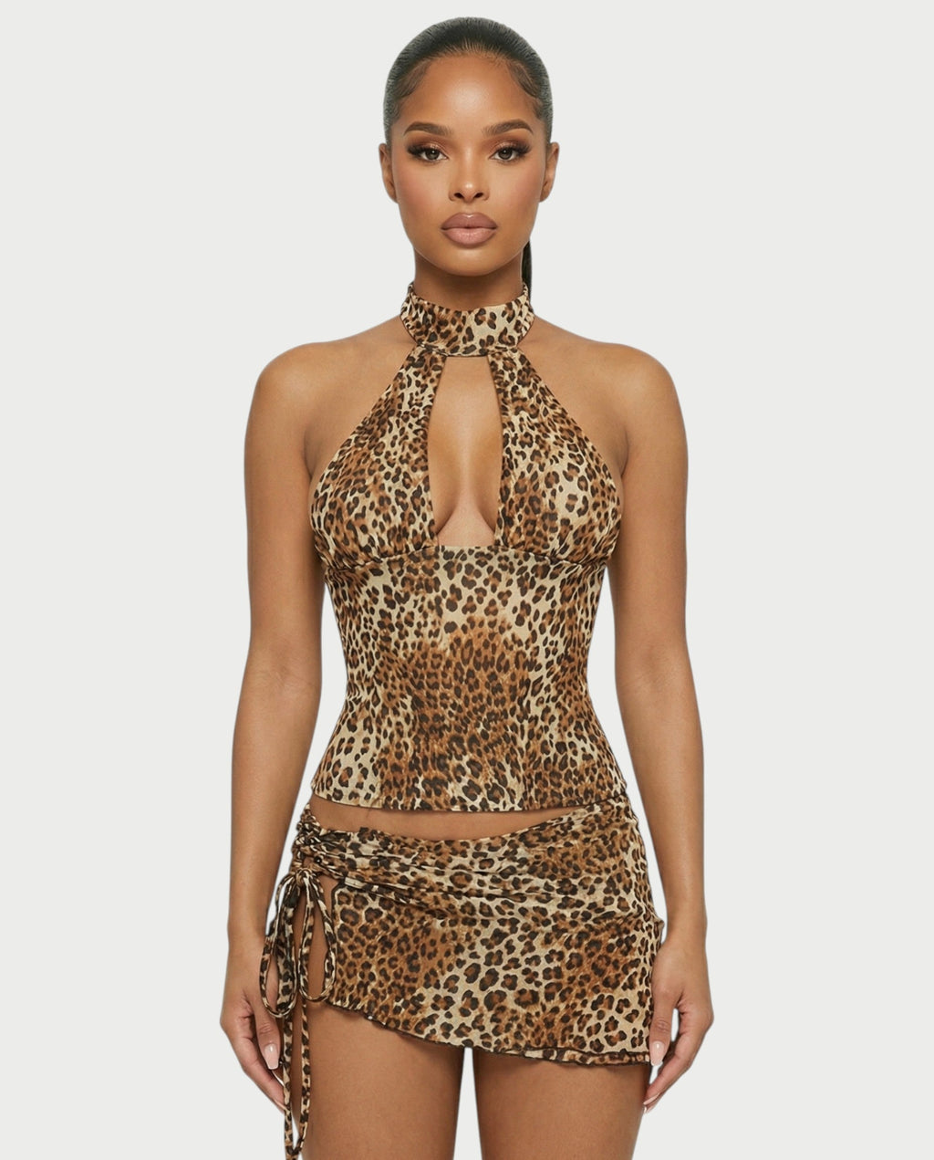 NICKA Leopard Corset Top & Side Tie Mini Skirt Set
