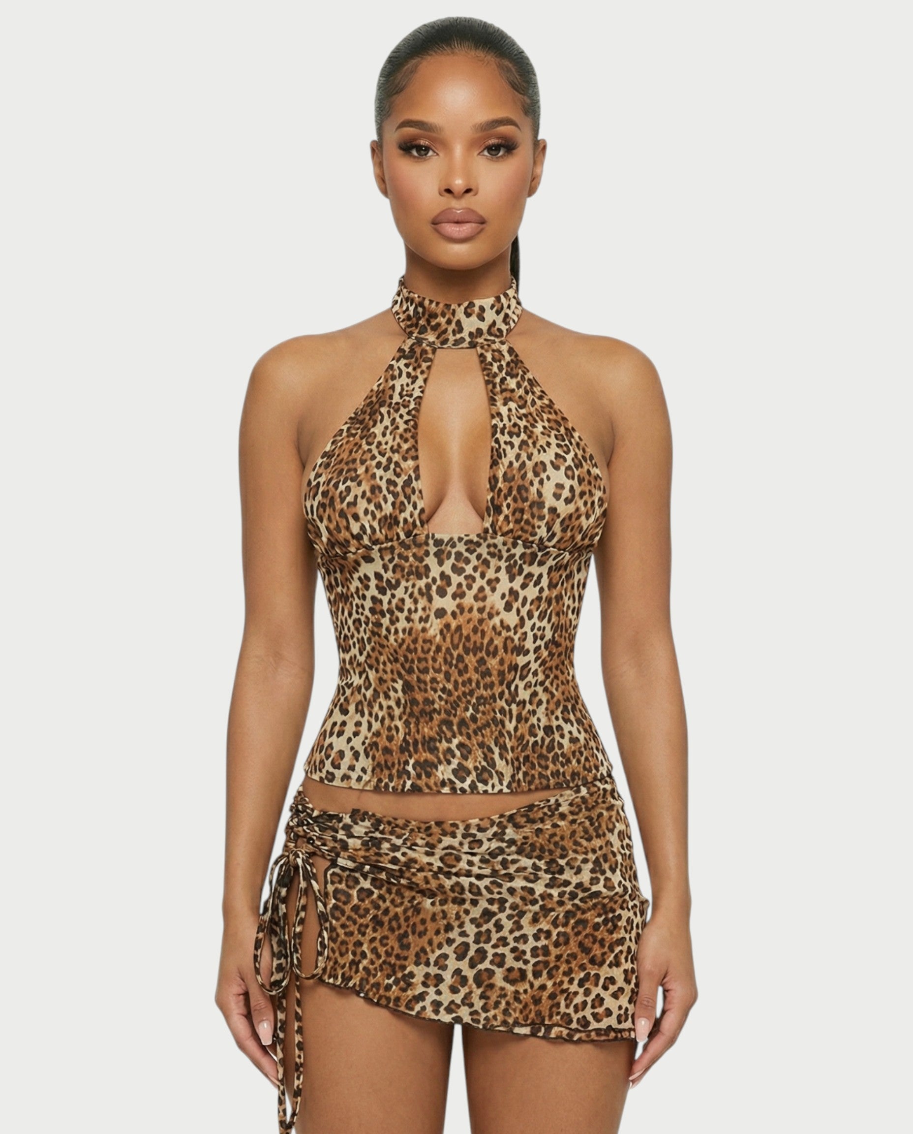 NICKA Leopard Corset Top & Side Tie Mini Skirt Set