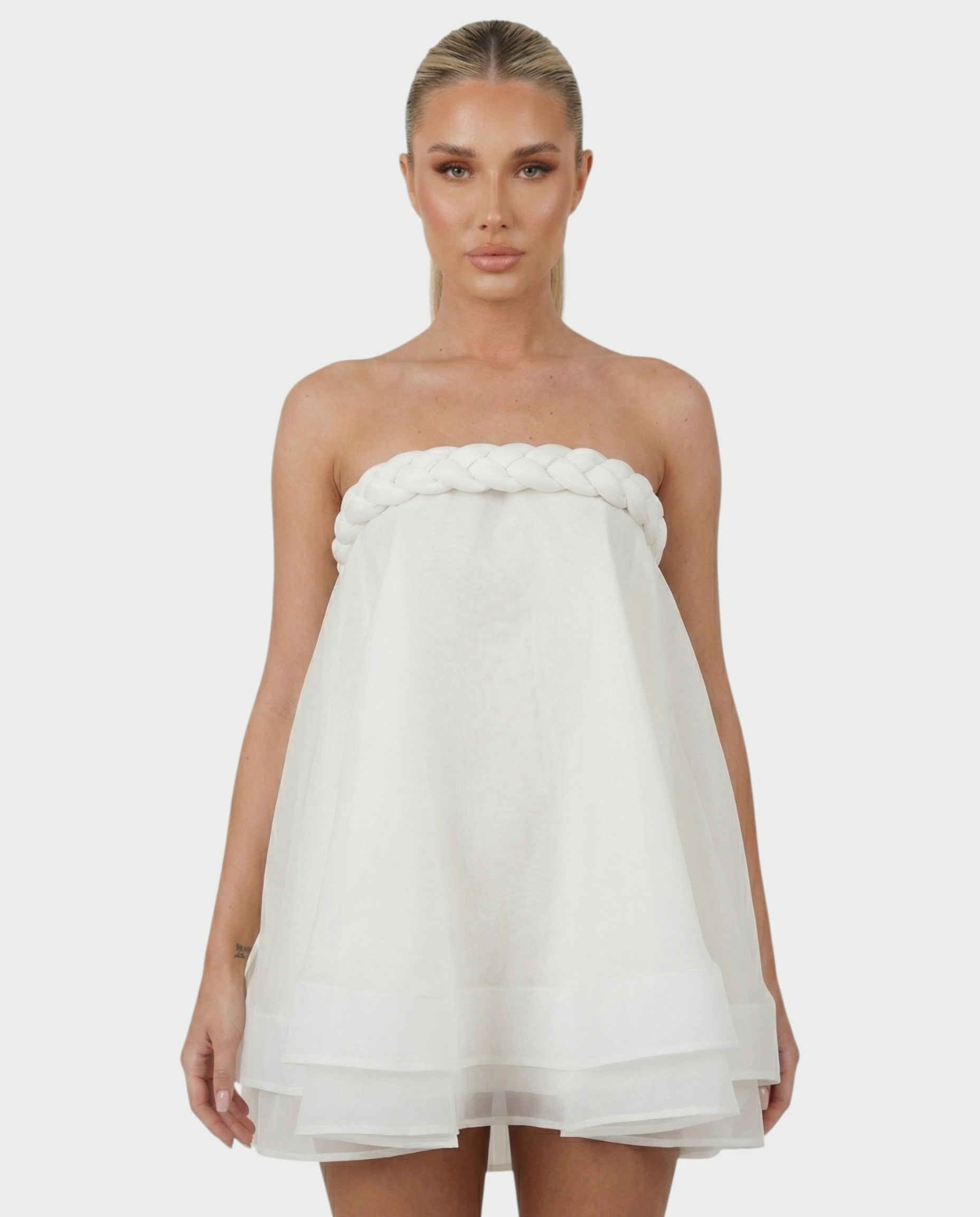 KELSA Strapless Braided Trim Bubble Hem Mini Dress