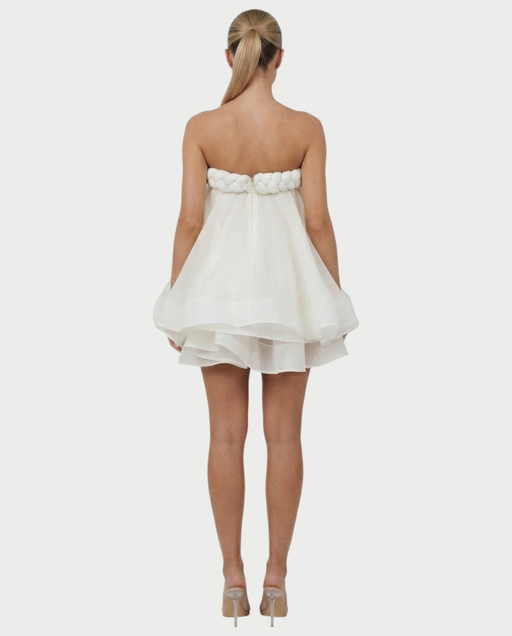 KELSA Strapless Braided Trim Bubble Hem Mini Dress