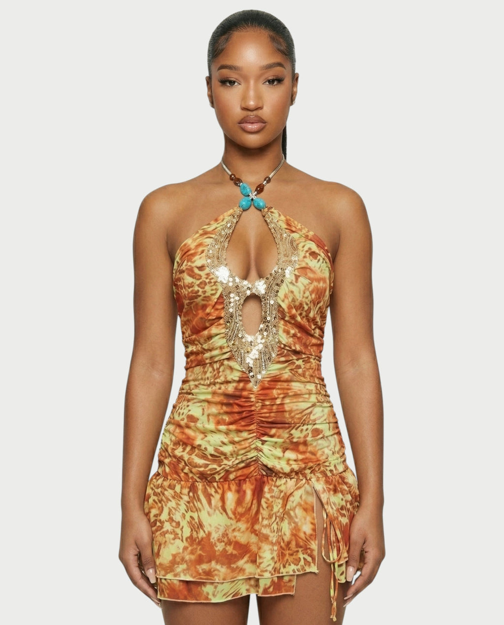 ENARA Sequin Ruched Cutout Bodycon Mini Dress
