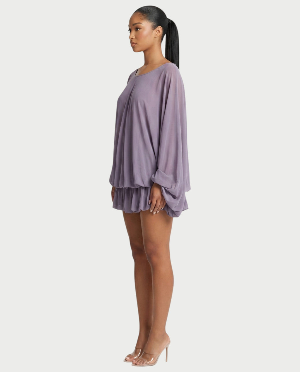 ERELA Mesh Open-Back Draped Balloon Sleeve Mini Dress