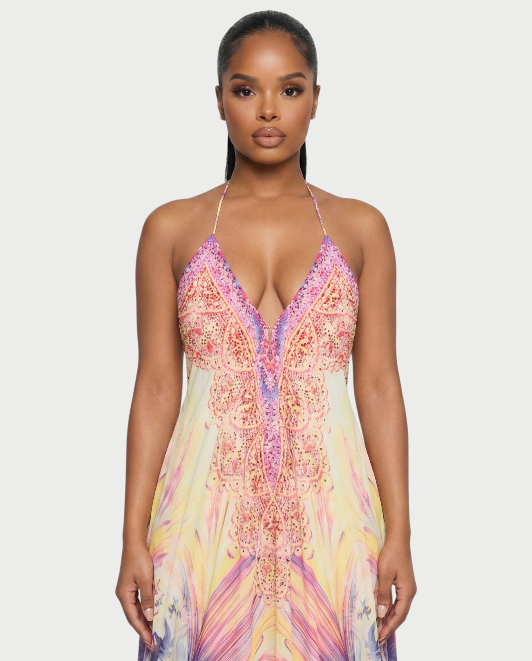 MERYN Pastel Gradient Flowing Halter Maxi Dress