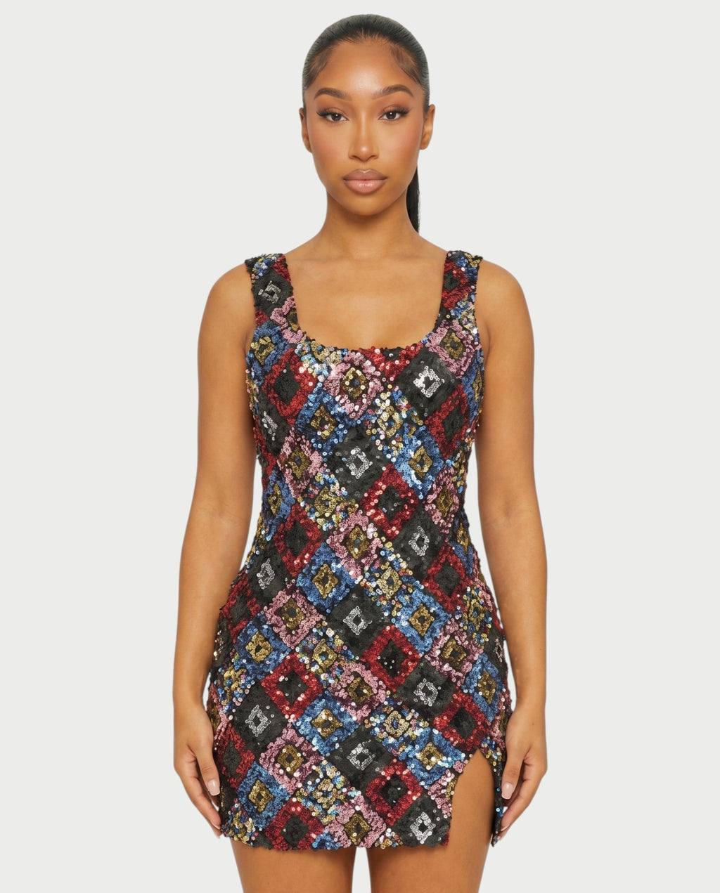 LAVINA Dark blue Sequin Diamond Bodycon Mini Dress