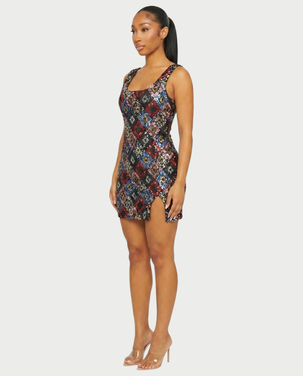 LAVINA Dark blue Sequin Diamond Bodycon Mini Dress