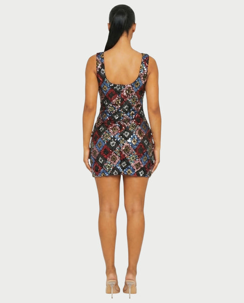 LAVINA Dark blue Sequin Diamond Bodycon Mini Dress