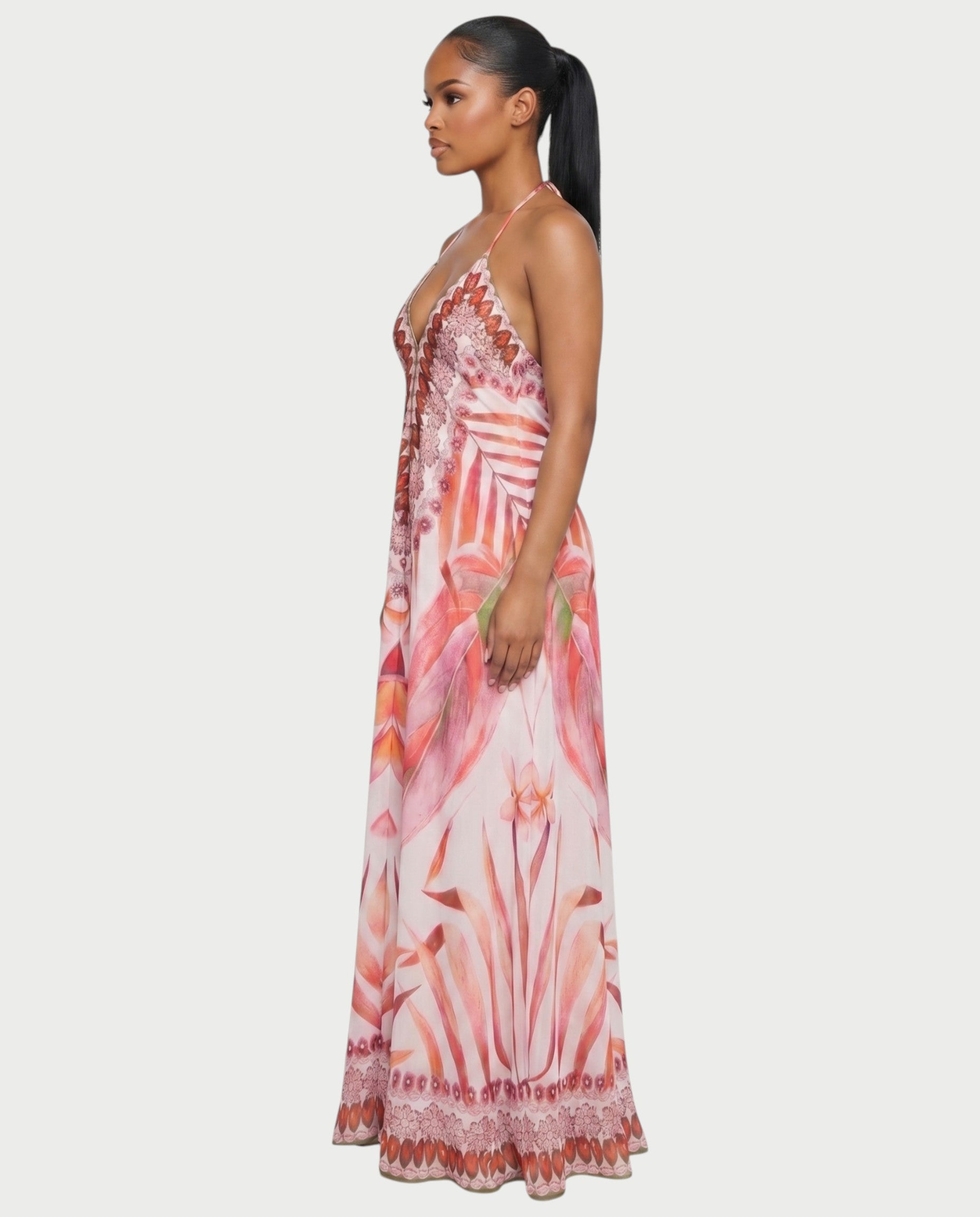 ARCIA Floral Ombre Flowing Halter Maxi Dress