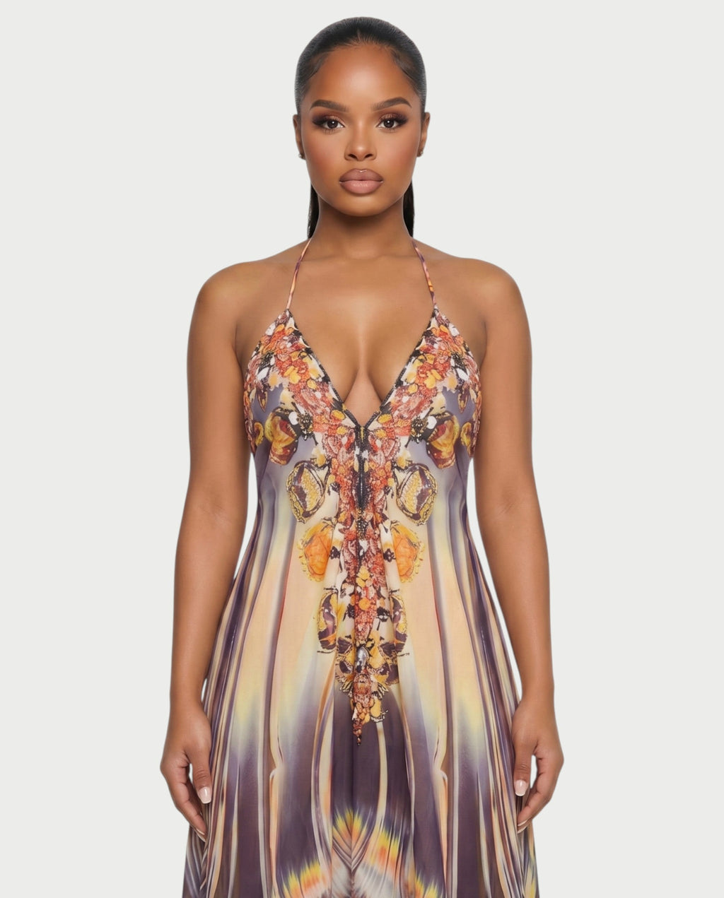 GENDA Feather Ombre Flowing Halter Maxi Dress