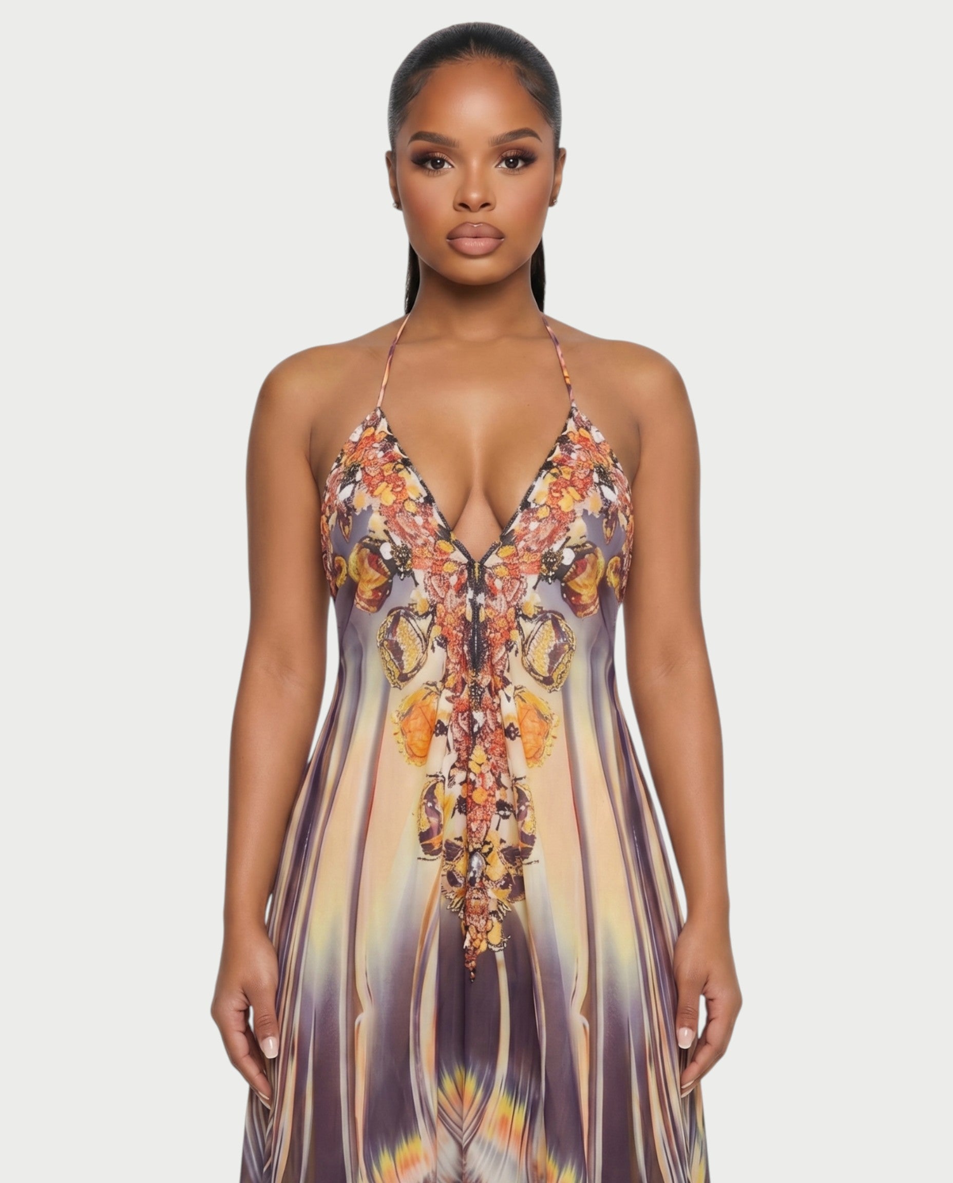 GENDA Feather Ombre Flowing Halter Maxi Dress