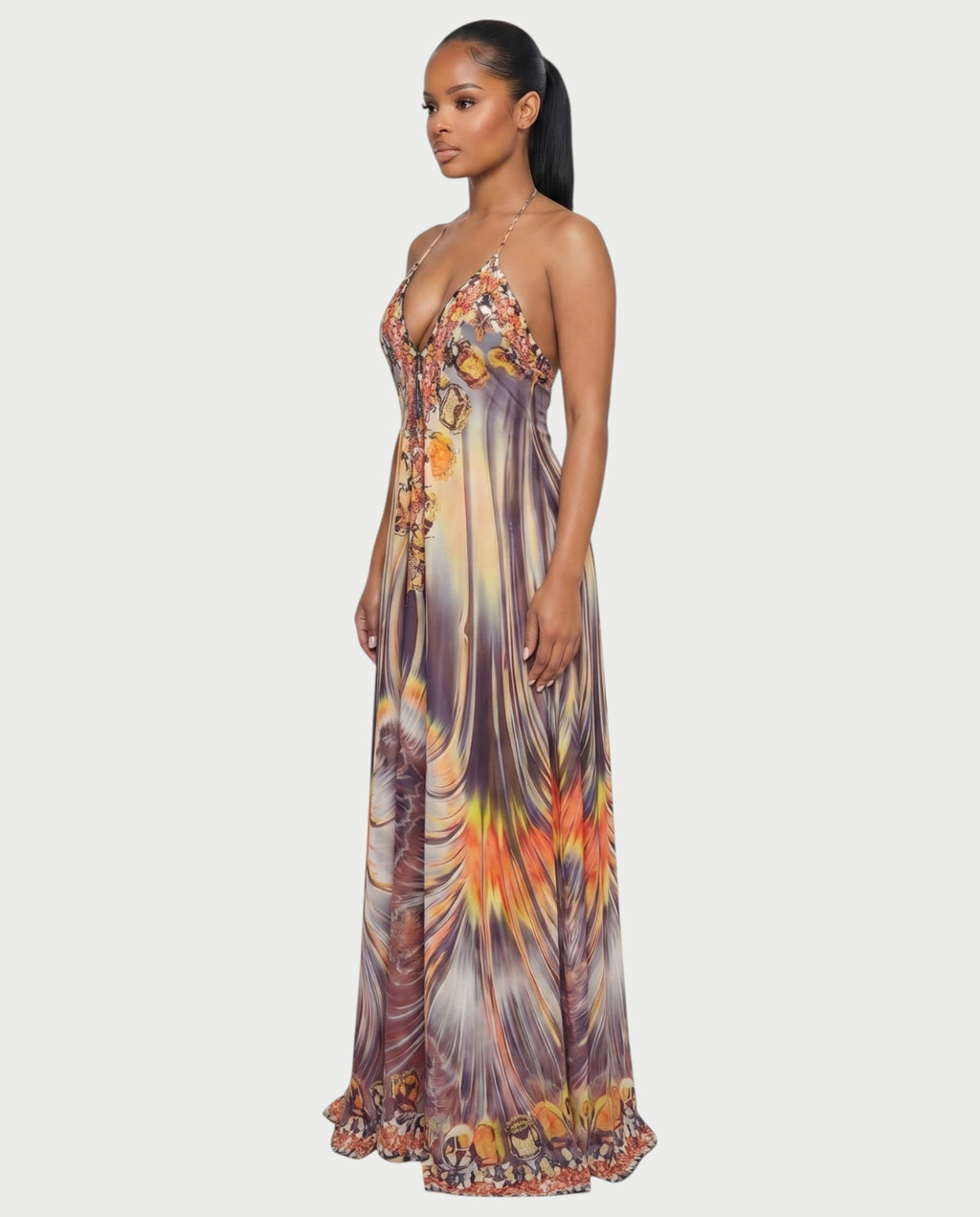 GENDA Feather Ombre Flowing Halter Maxi Dress