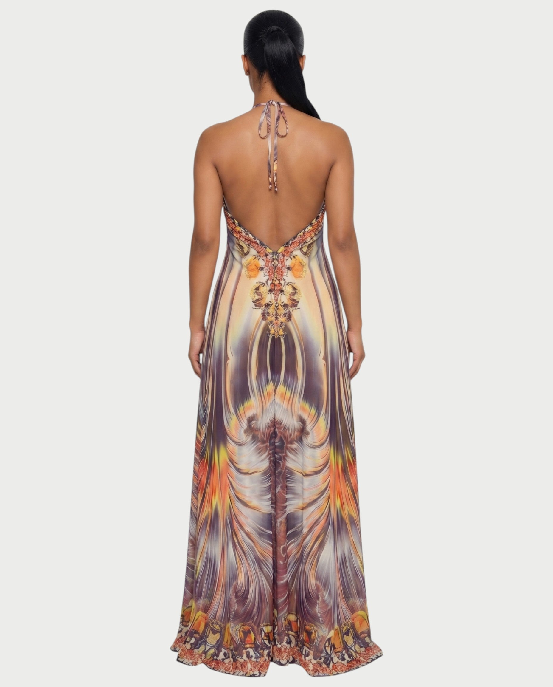 GENDA Feather Ombre Flowing Halter Maxi Dress