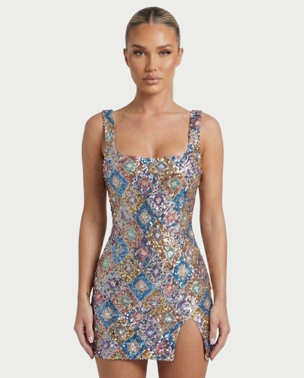 LUANA Silver Sequin Diamond Bodycon Mini Dress
