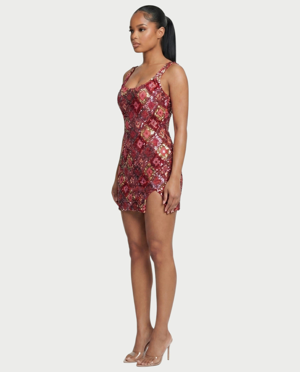 ALFIRA Red Sequin Diamond Bodycon Mini Dress