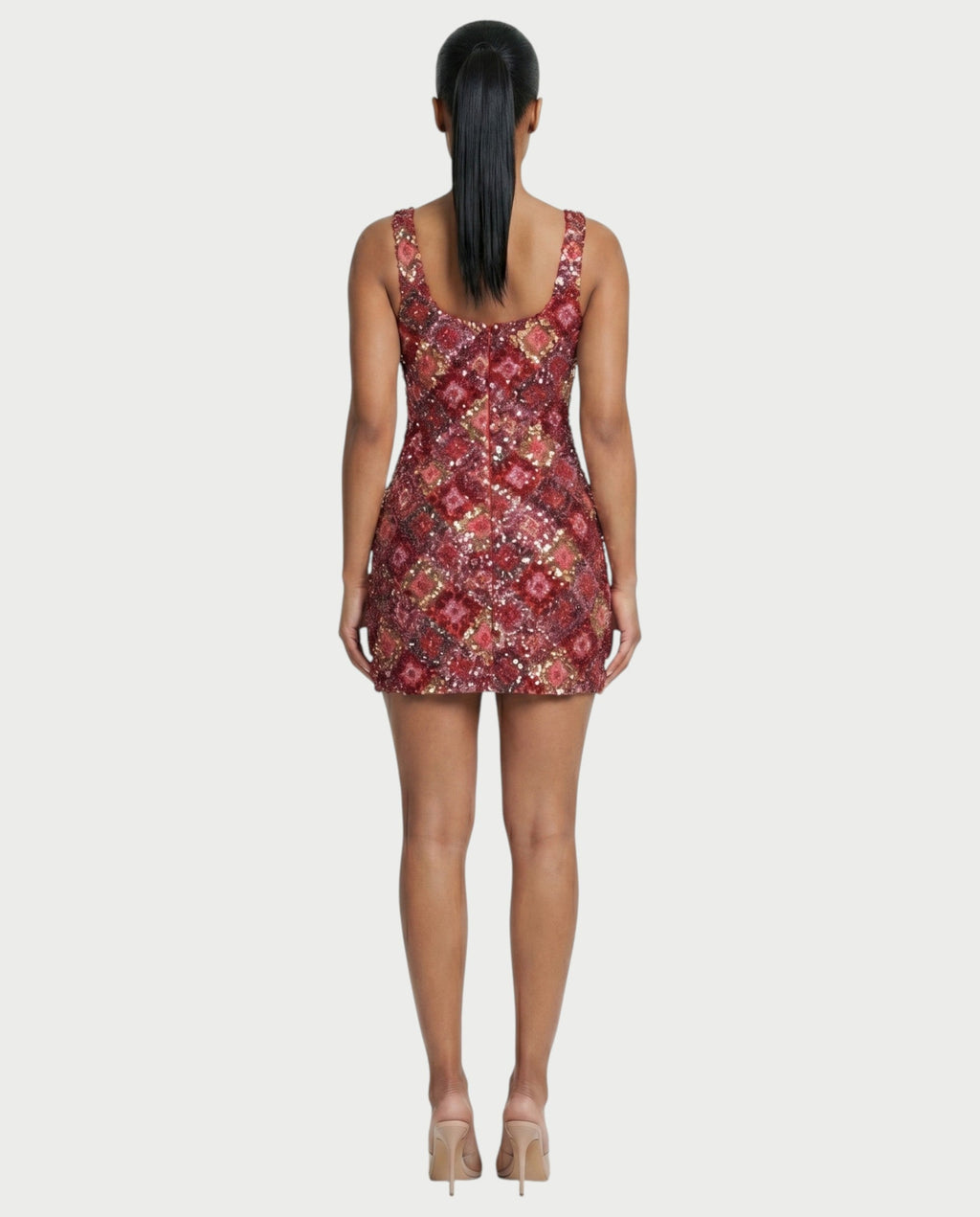 ALFIRA Red Sequin Diamond Bodycon Mini Dress