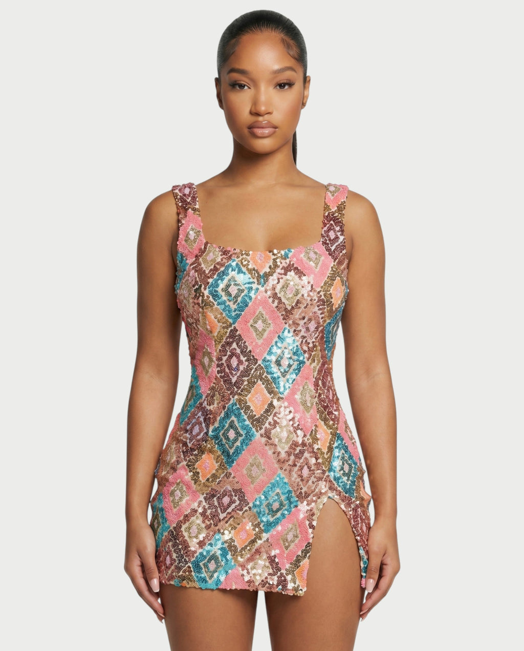 ALMIYA Pink Sequin Diamond Bodycon Mini Dress