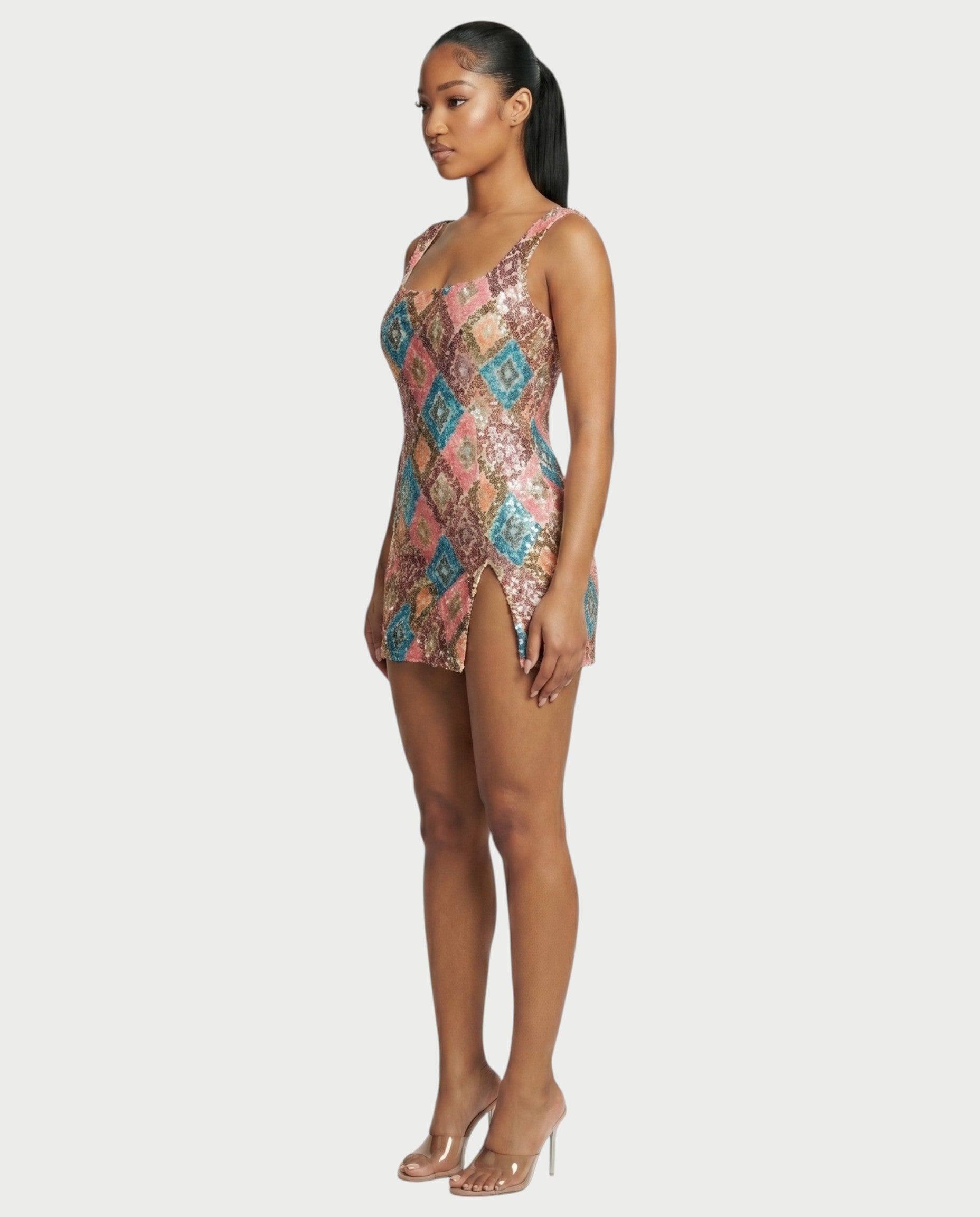 ALMIYA Pink Sequin Diamond Bodycon Mini Dress
