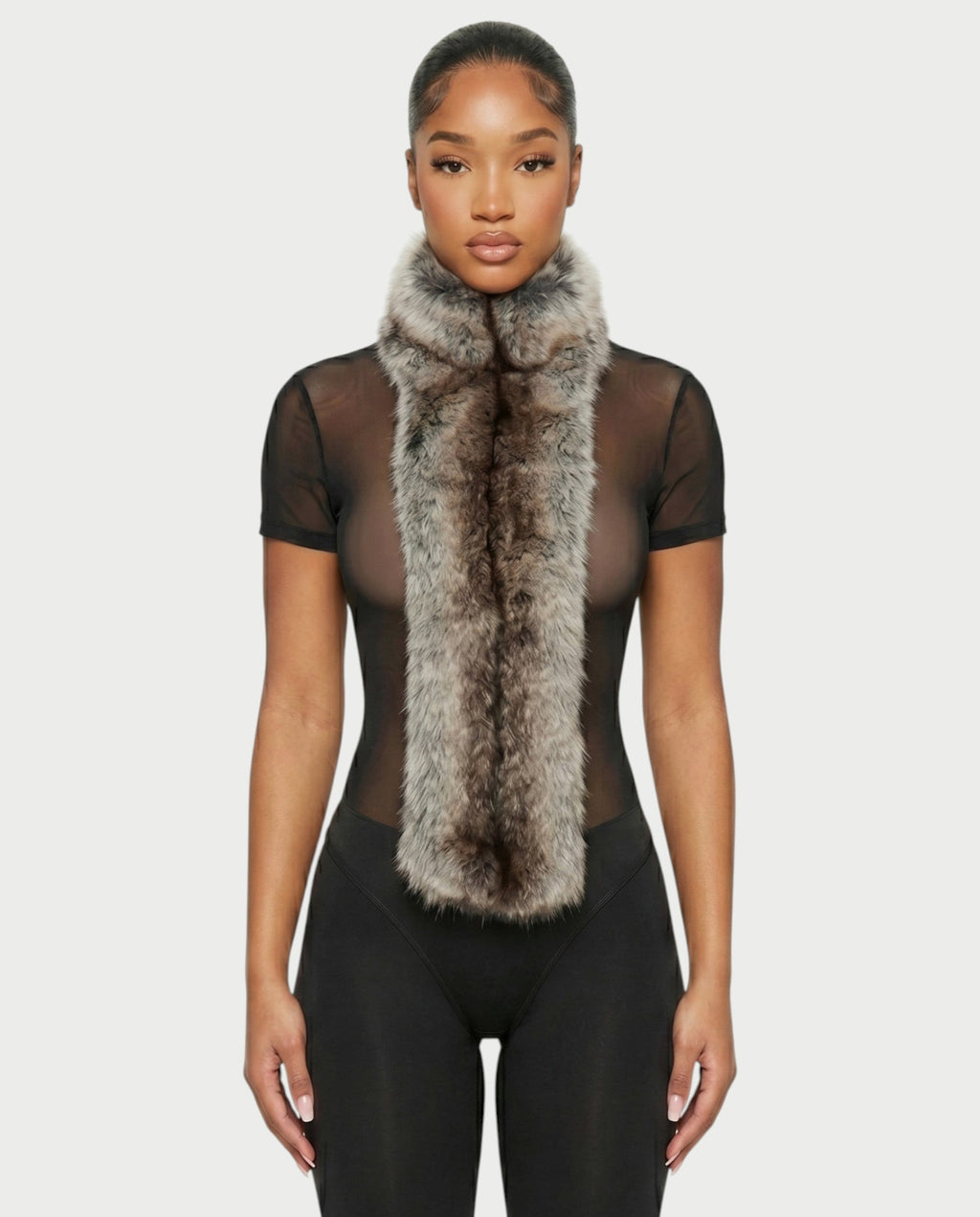 BECCA Sheer Mesh Fur Trim Bodysuit