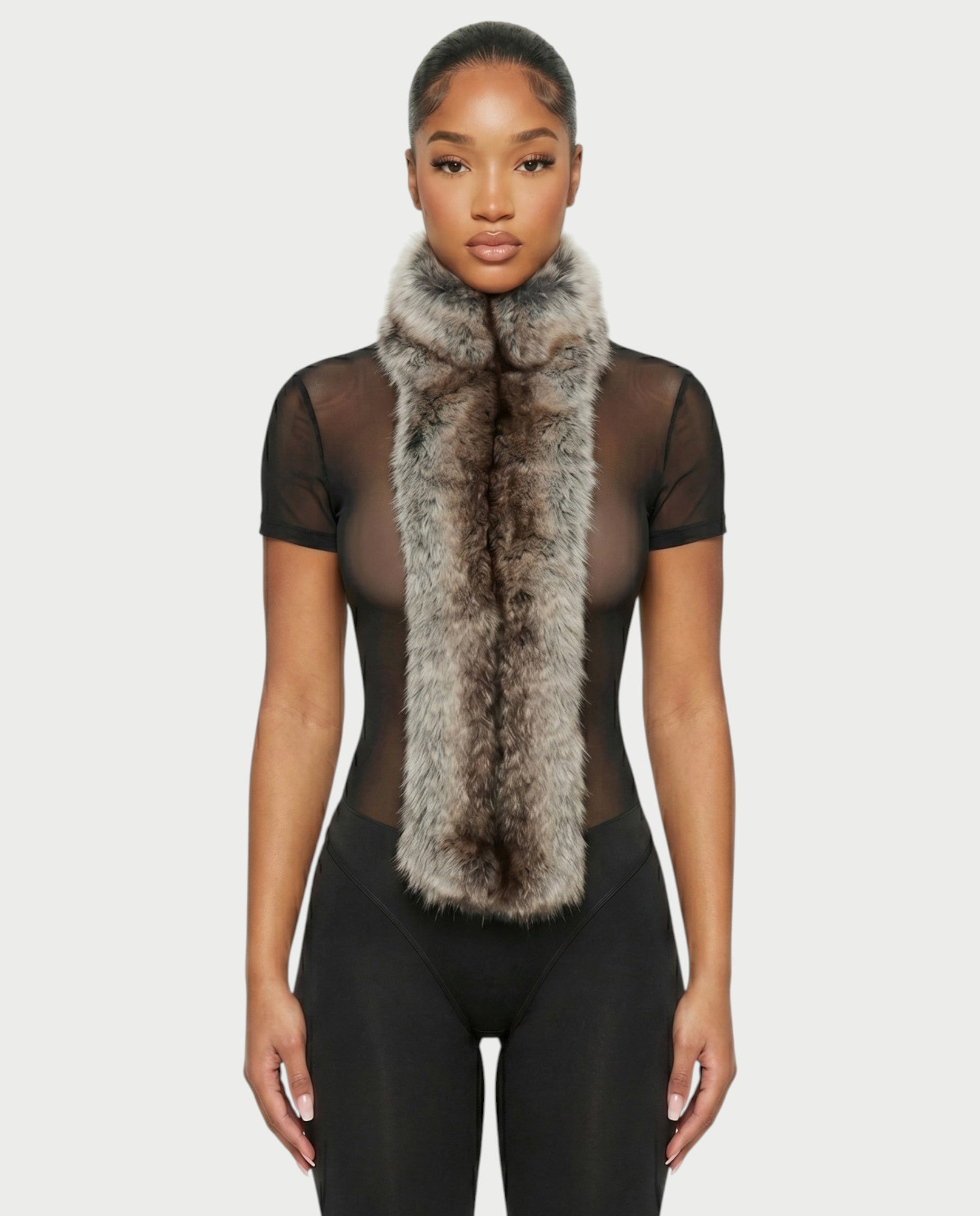 BECCA Sheer Mesh Fur Trim Bodysuit