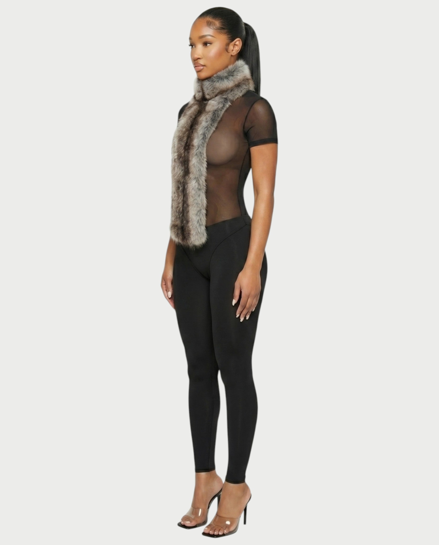 BECCA Sheer Mesh Fur Trim Bodysuit