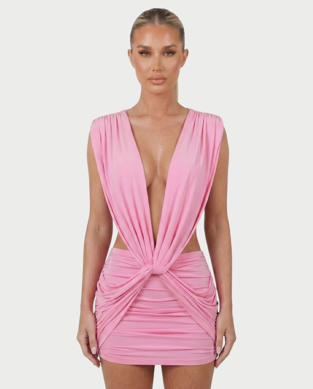 LAZEL Twist-Drape Backless Bodycon Mini Dress