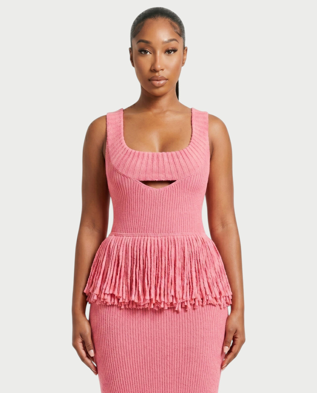 LENYA Ribbed Knit Peplum Fringe Maxi Dress