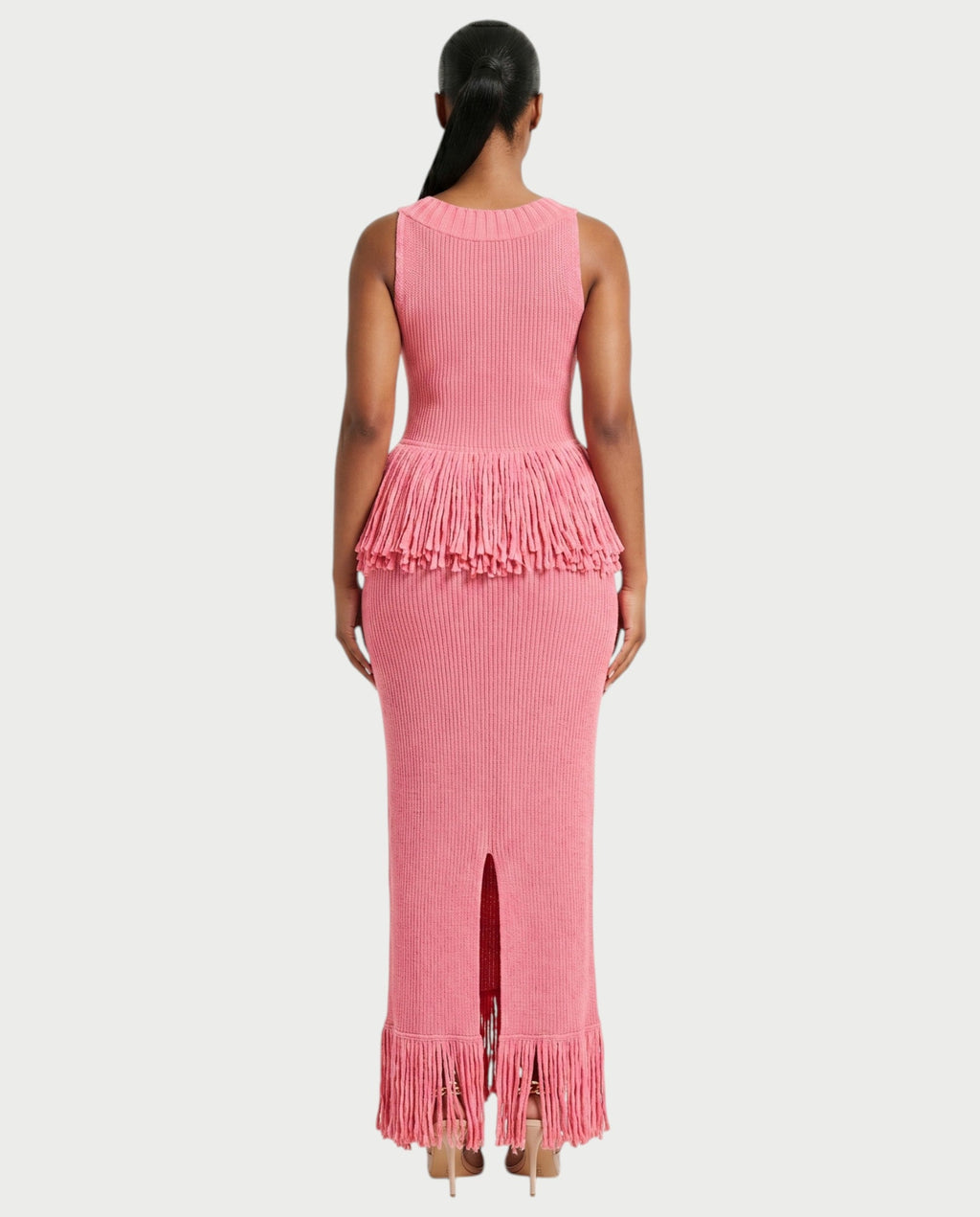 LENYA Ribbed Knit Peplum Fringe Maxi Dress