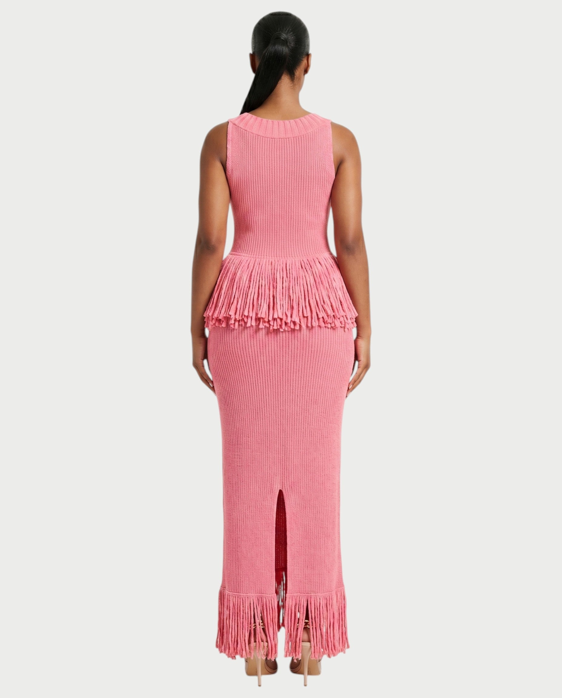 LENYA Ribbed Knit Peplum Fringe Maxi Dress