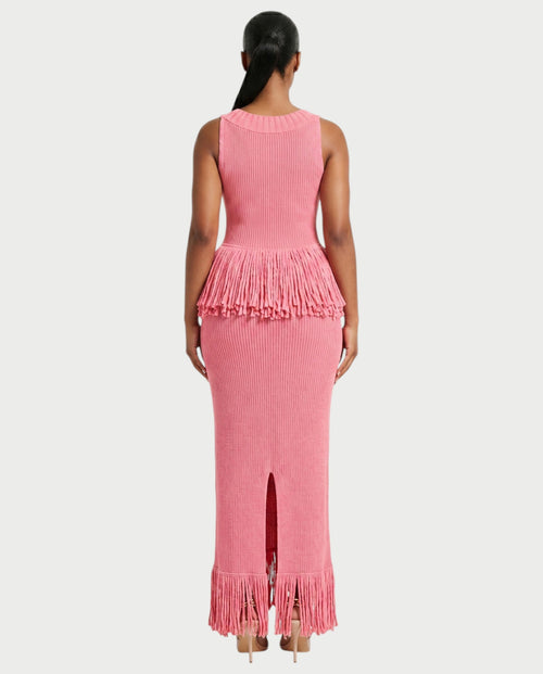 LENYA Ribbed Knit Peplum Fringe Maxi Dress
