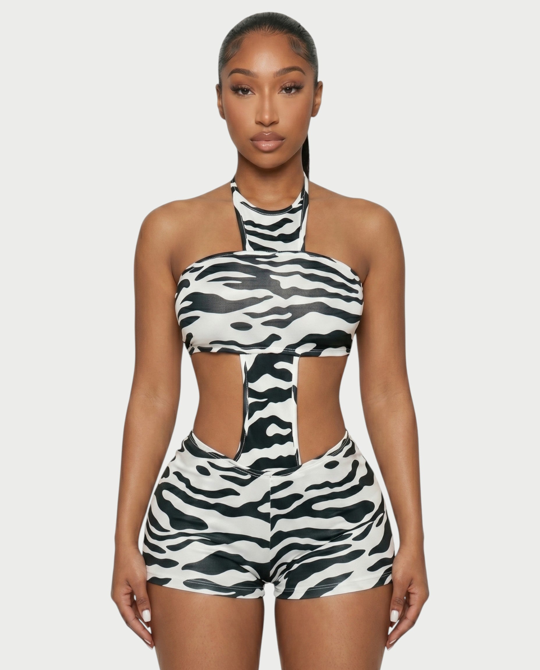 VALINA Zebra Print Halter Cutout Romper