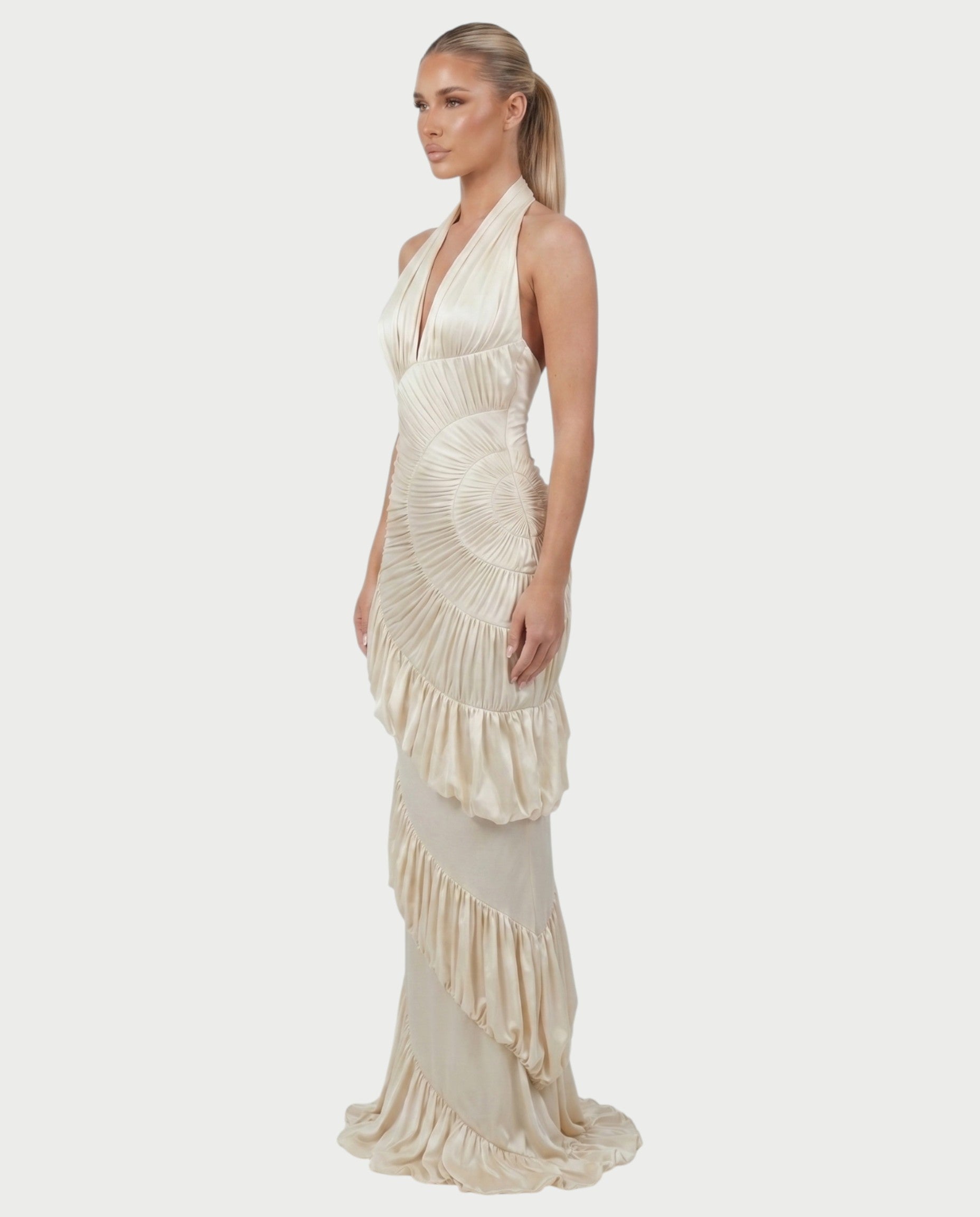 DALEYA Champagne Draped Pleated Ruffle Maxi Dress