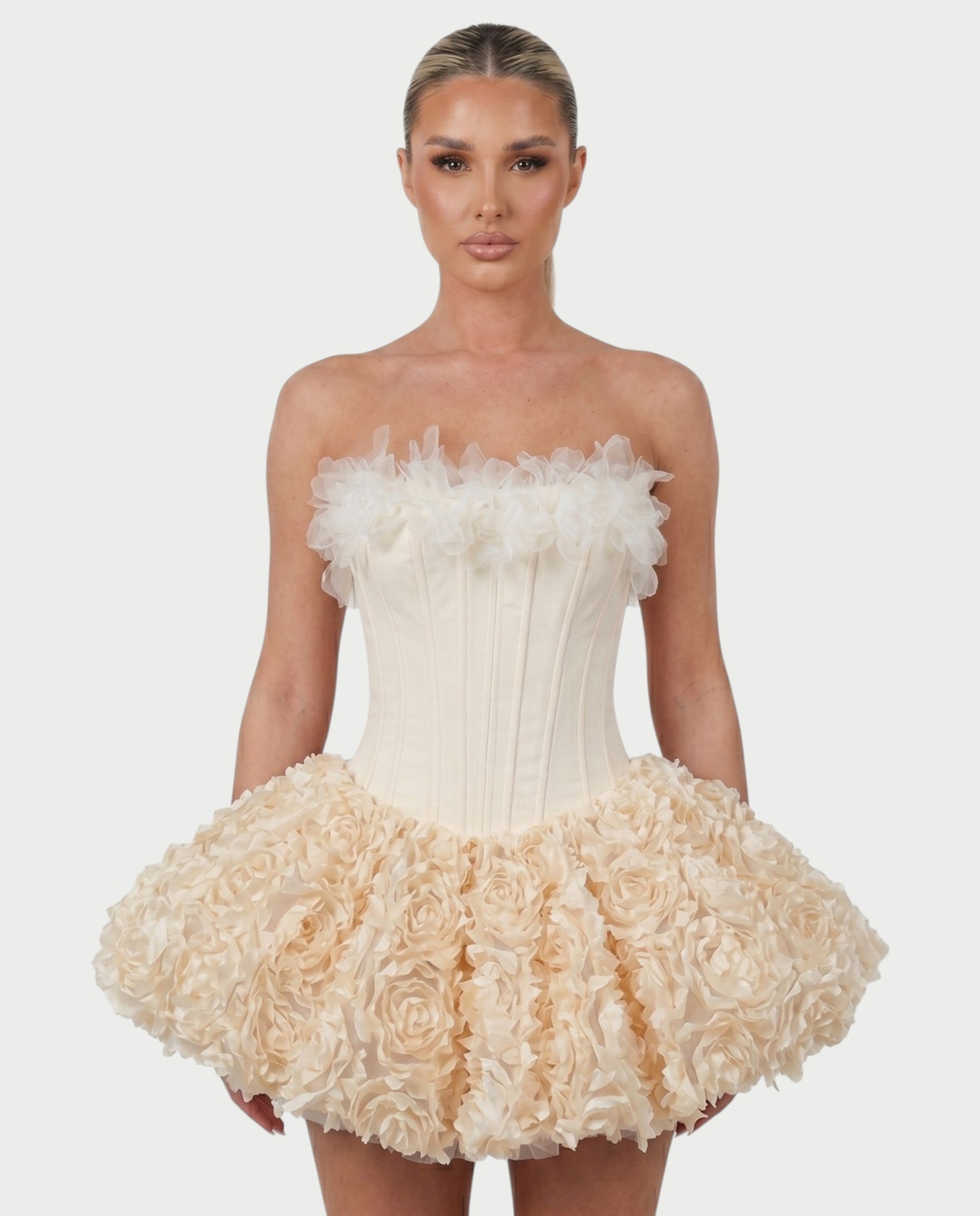 LONEYA Floral Strapless Ruffle Mini Dress