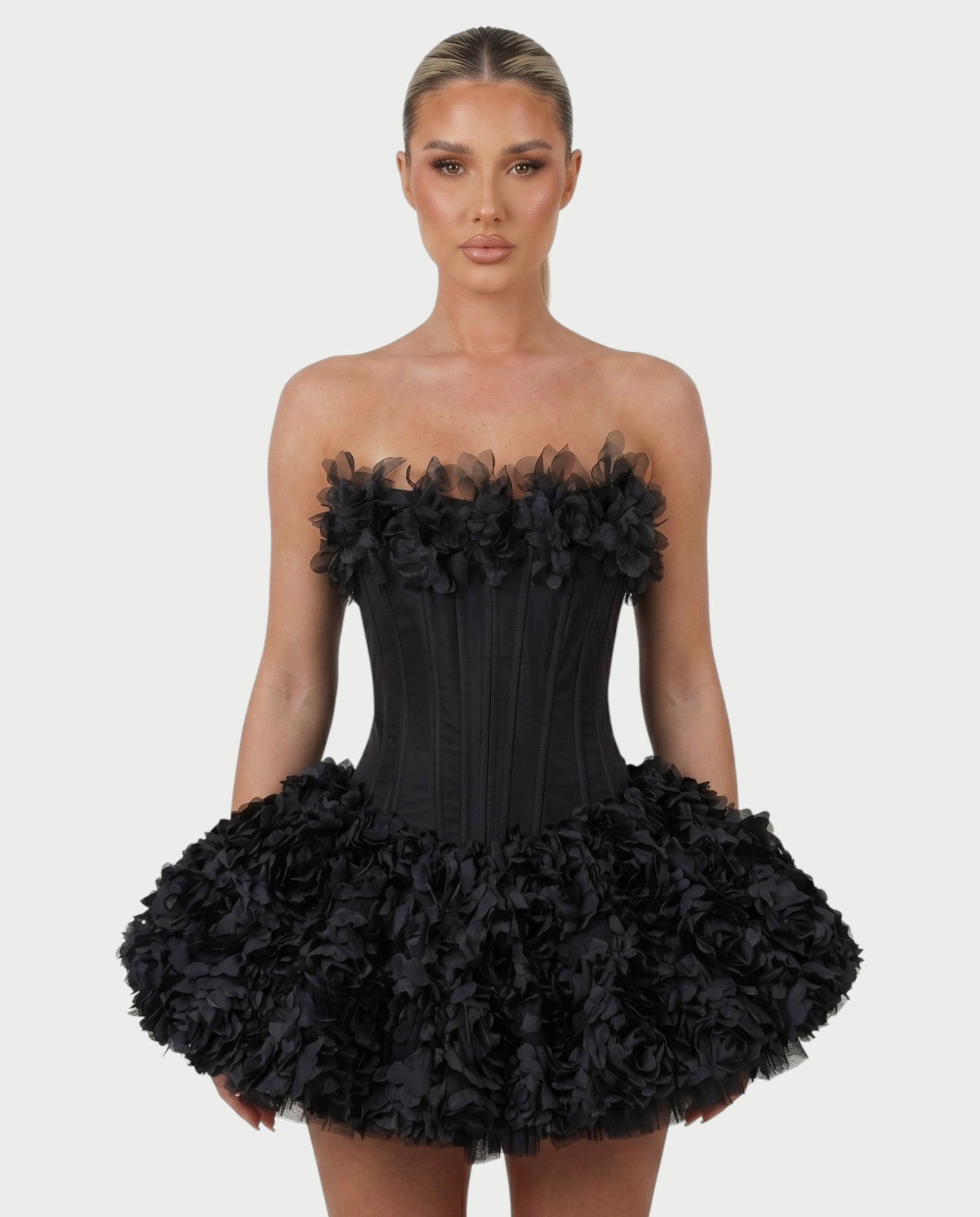 LONEYA Floral Strapless Ruffle Mini Dress