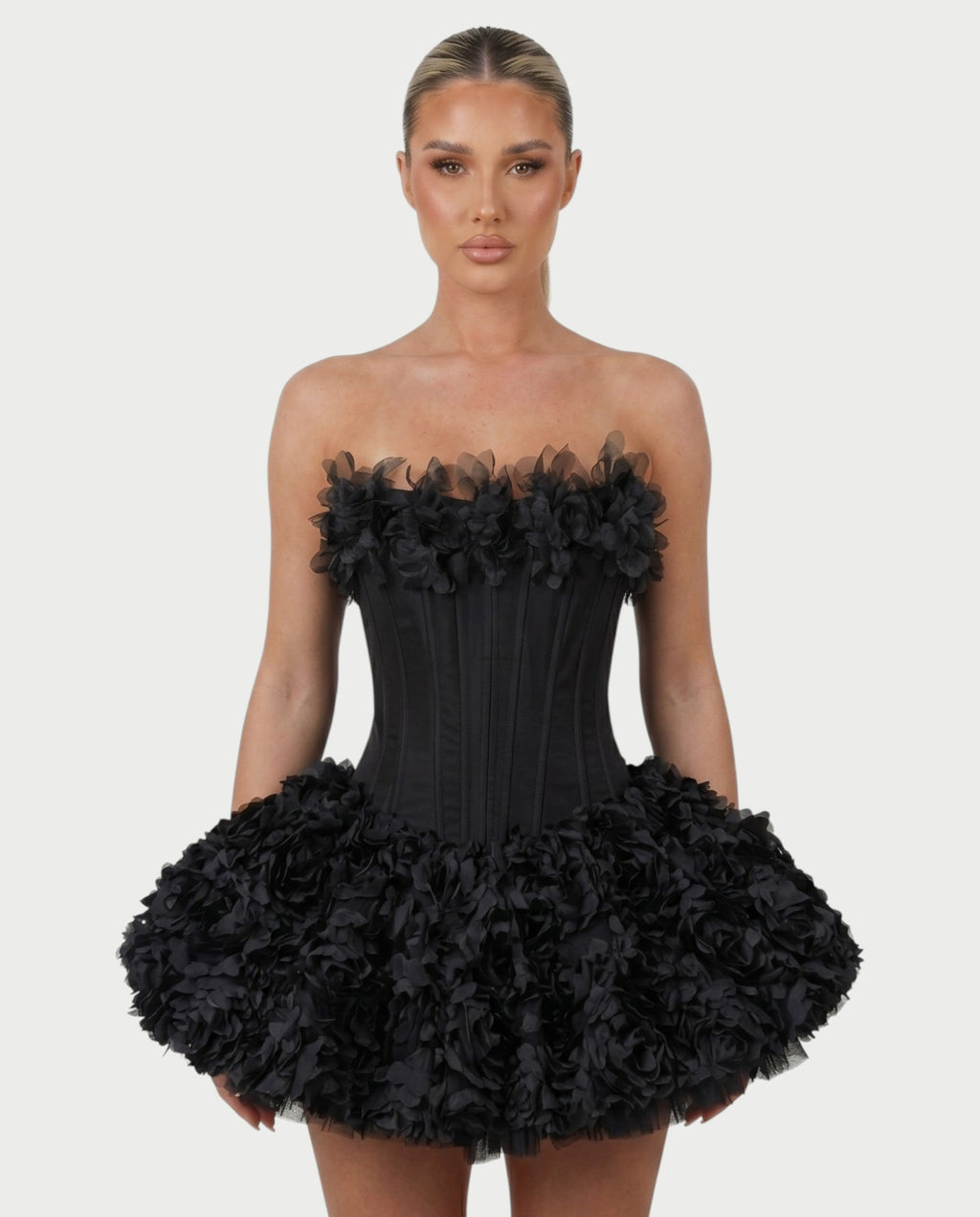 LONEYA Floral Strapless Ruffle Mini Dress
