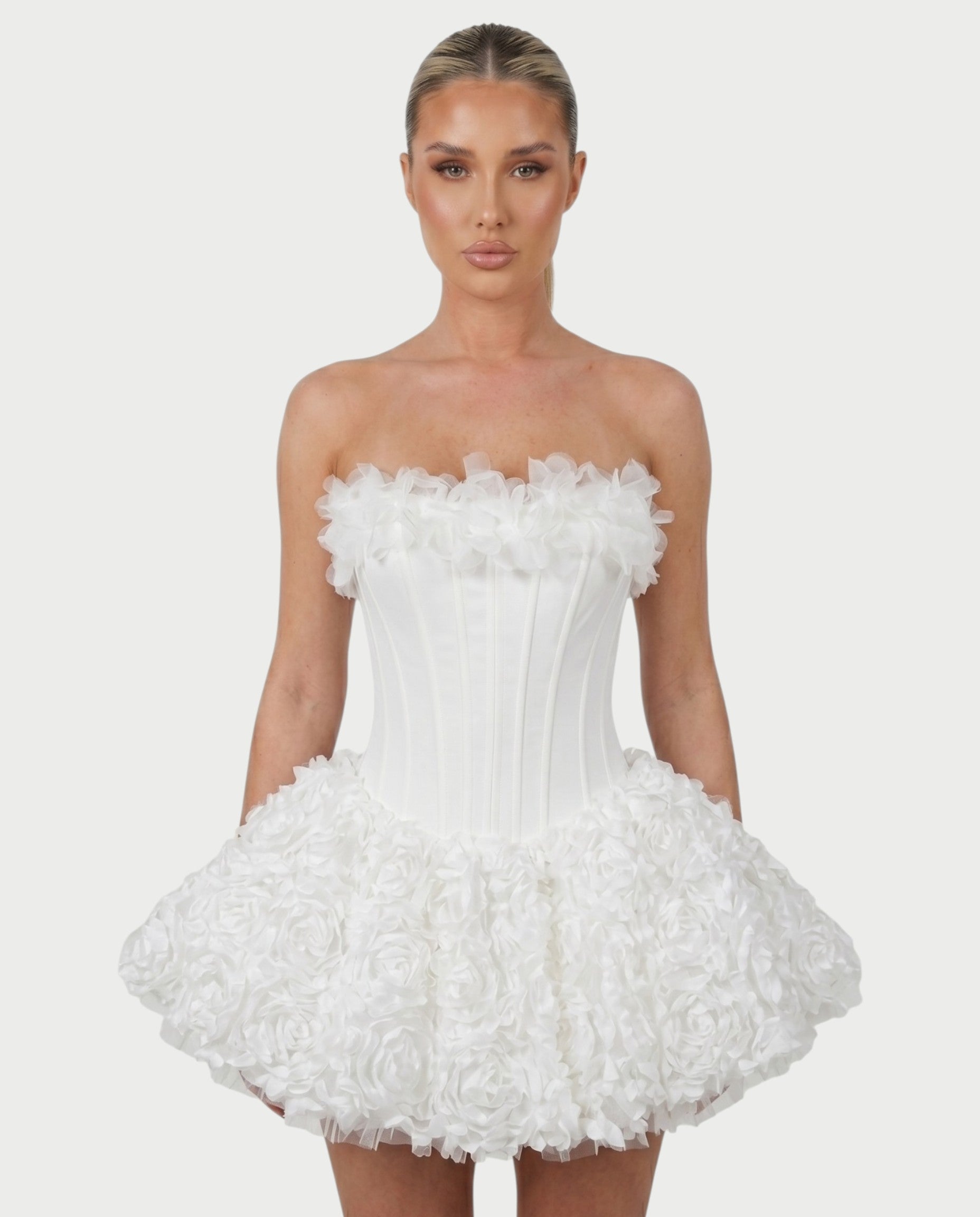 LONEYA Floral Strapless Ruffle Mini Dress