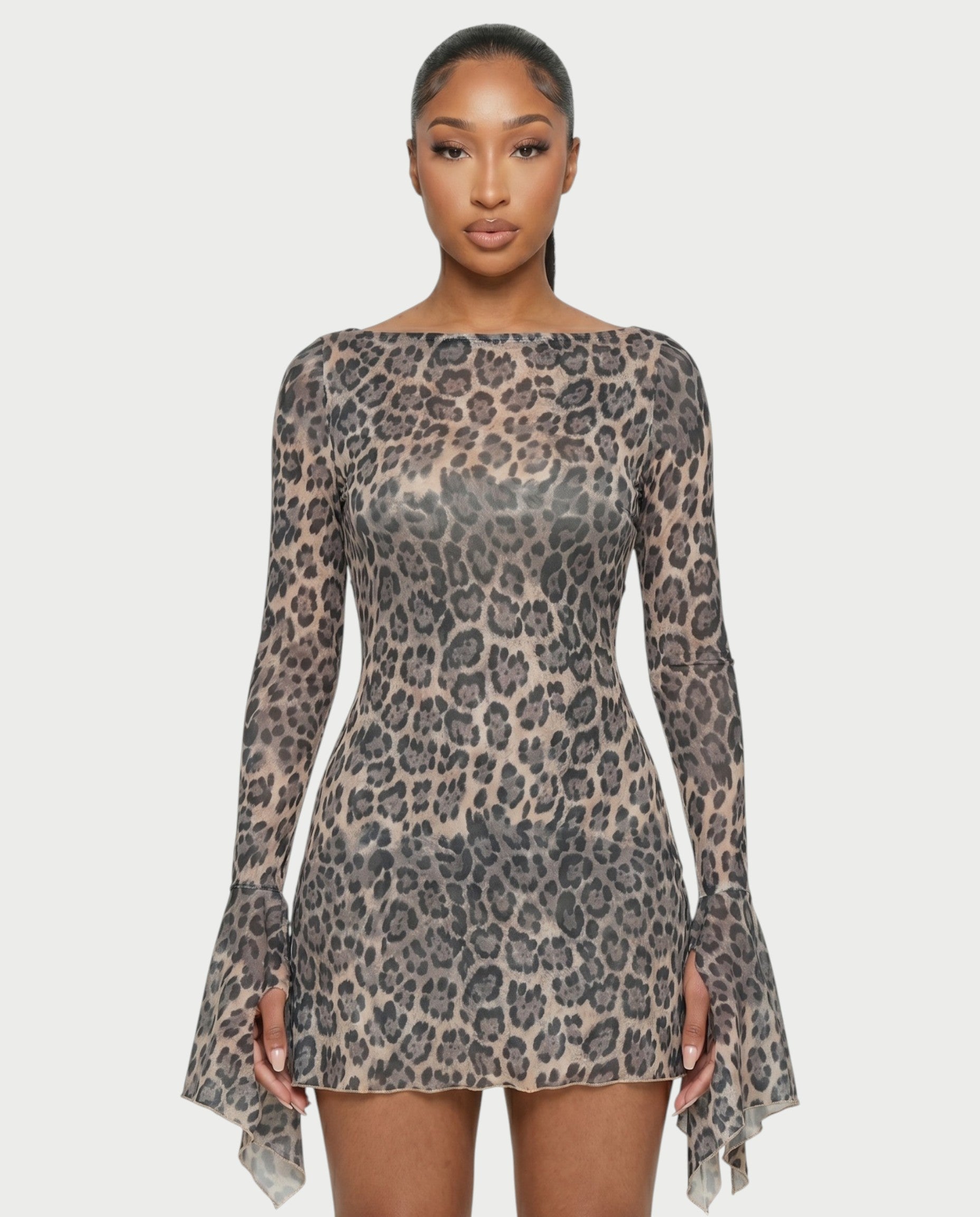 ZEERA Leopard Open Back Ruffle Hem Mini Dress