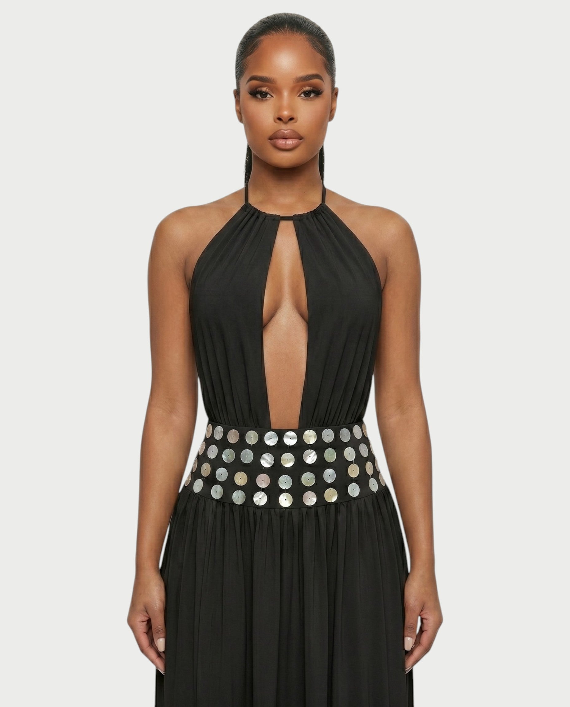 HINAYA Backless Halter High Slit Maxi Dress