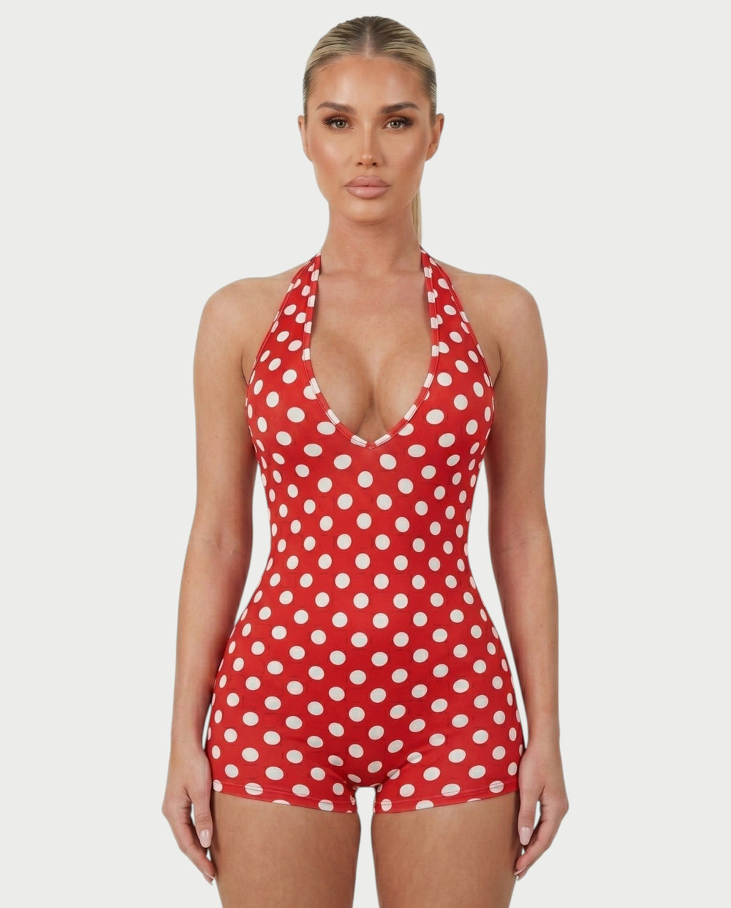 AMESA Retro Polka Dot Halter Tie Romper
