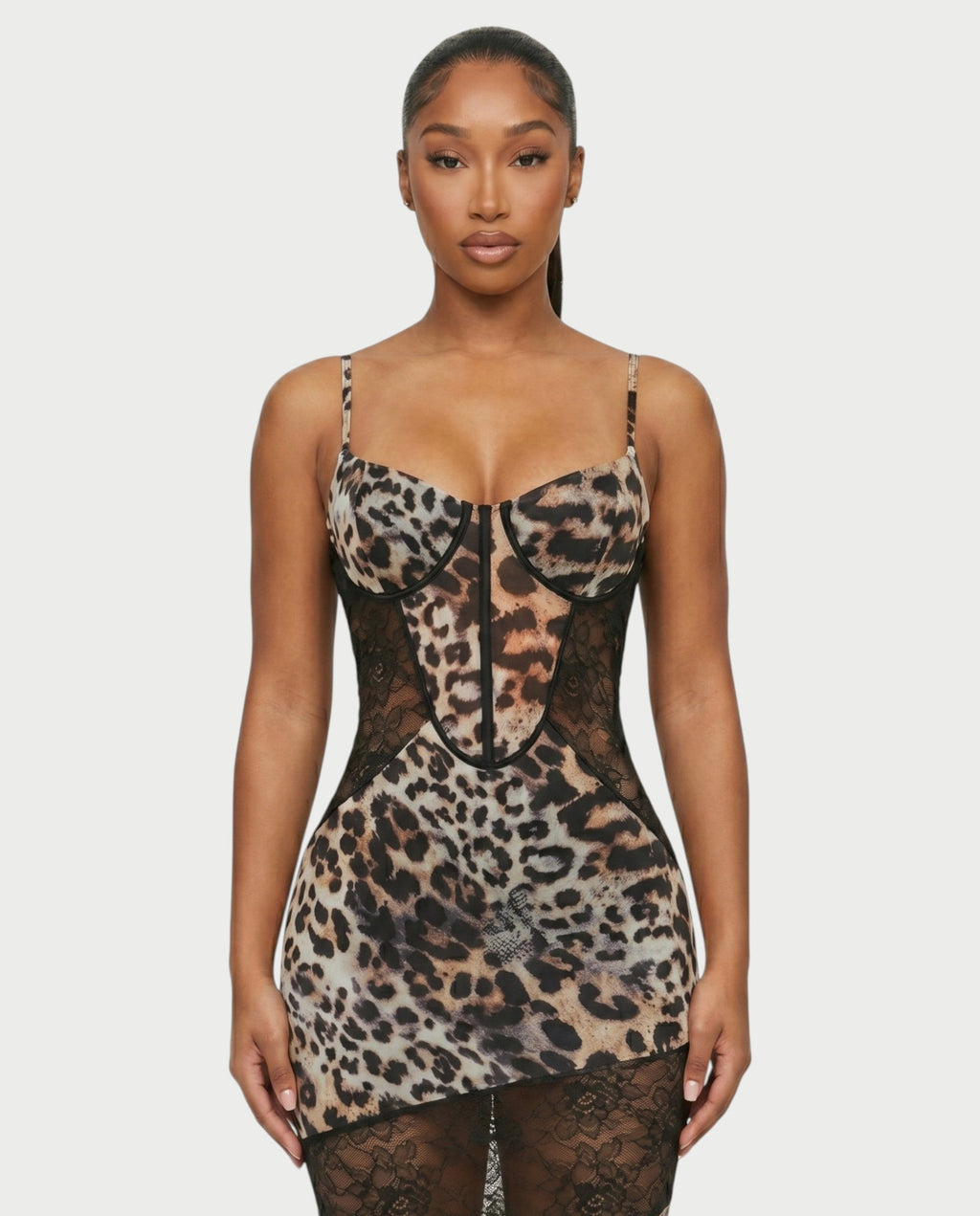 JOLINA Leopard Lace Panel Bodycon Maxi Dress