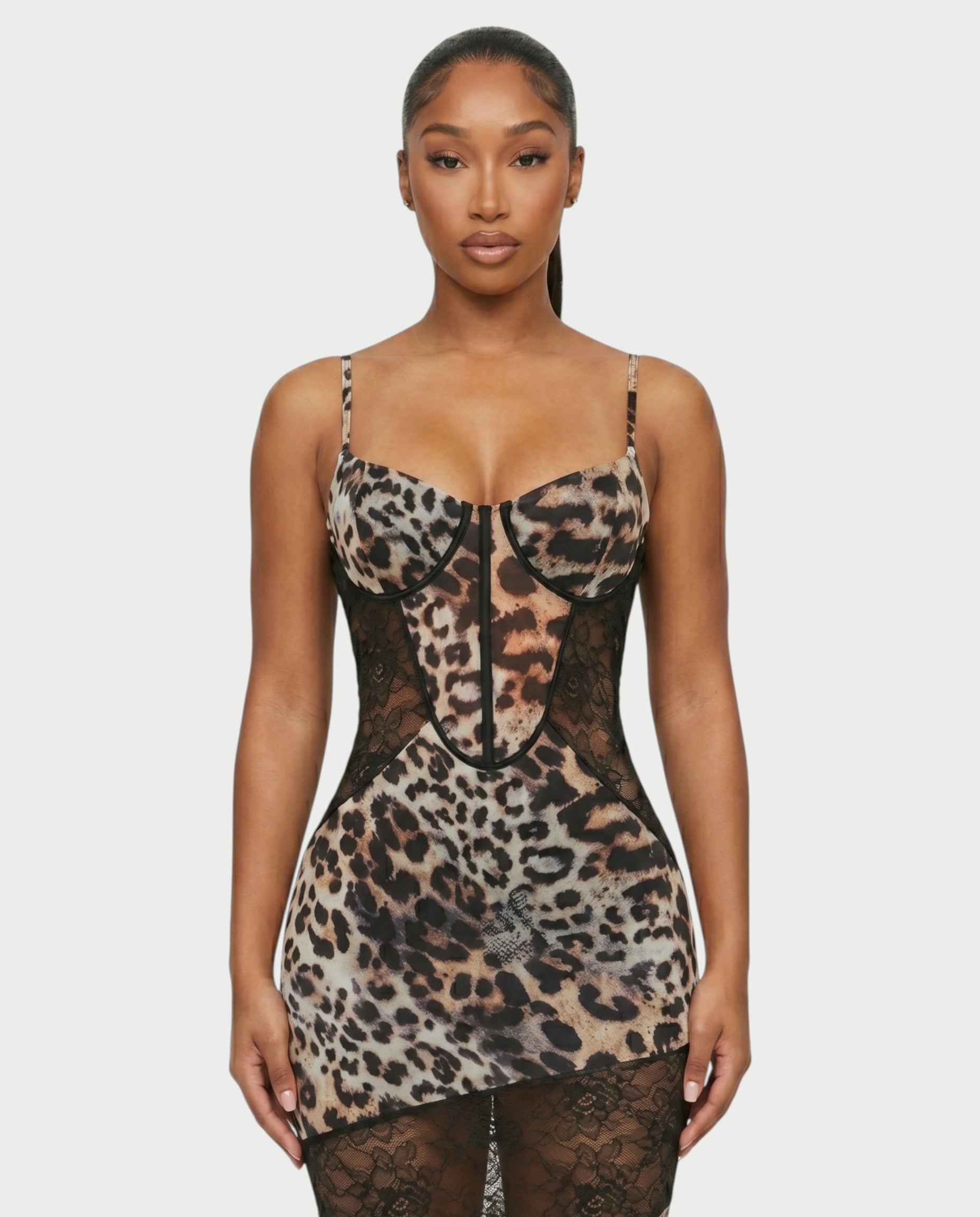 JOLINA Leopard Lace Panel Bodycon Maxi Dress