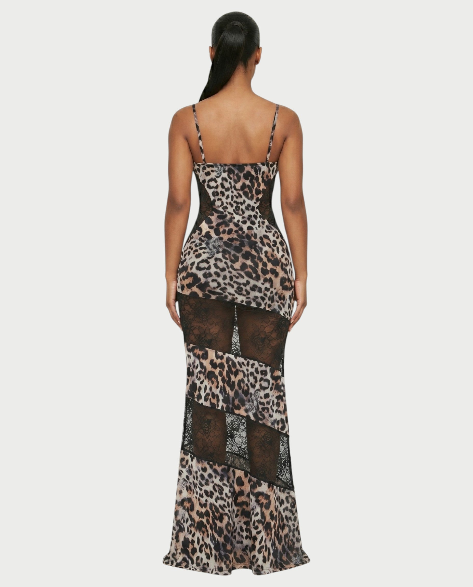 JOLINA Leopard Lace Panel Bodycon Maxi Dress