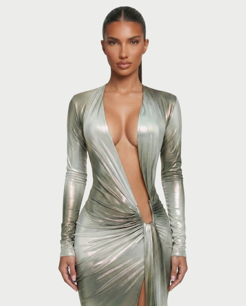 SAMINA Metallic Deep Plunge High Slit Maxi Dress