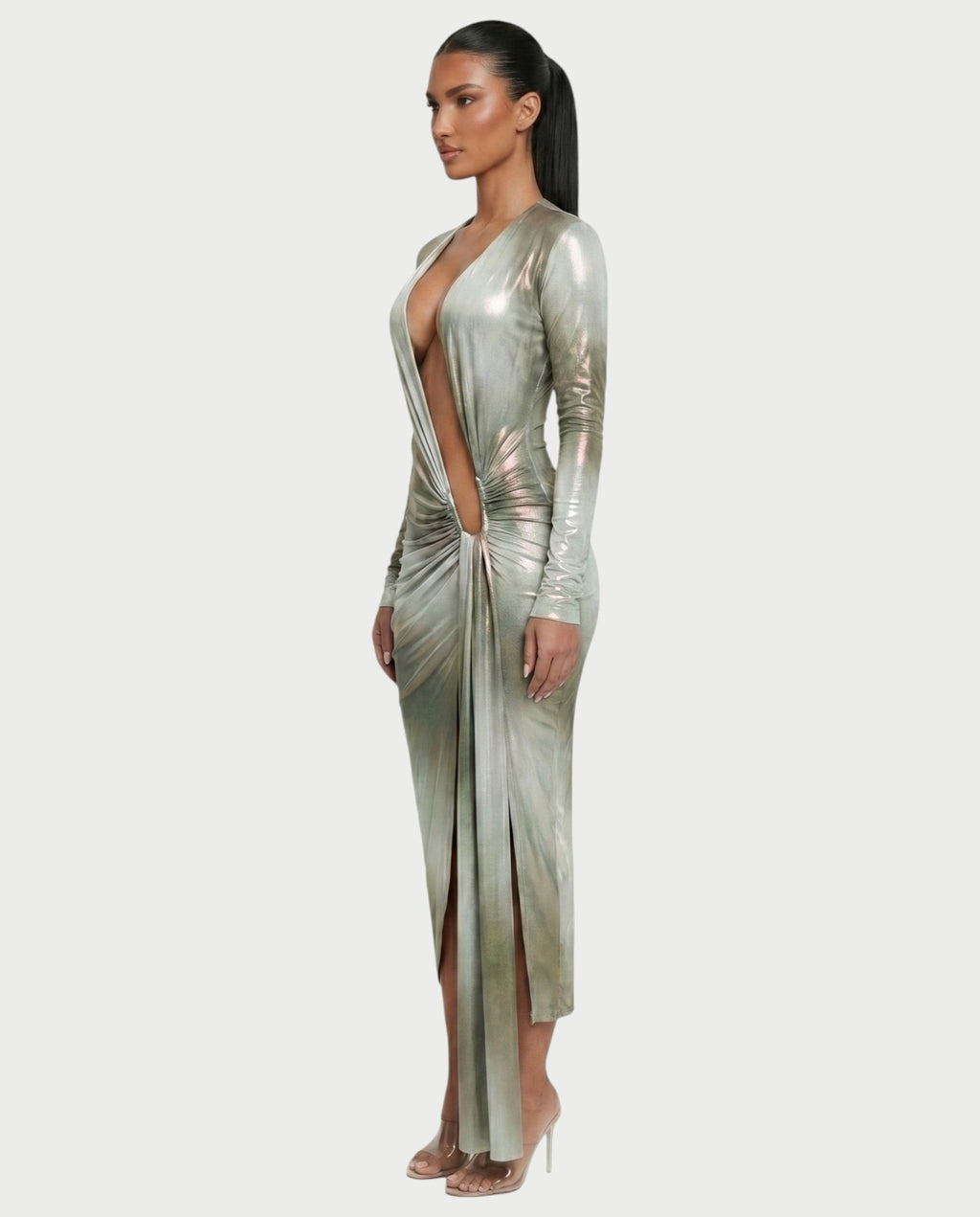 SAMINA Metallic Deep Plunge High Slit Maxi Dress