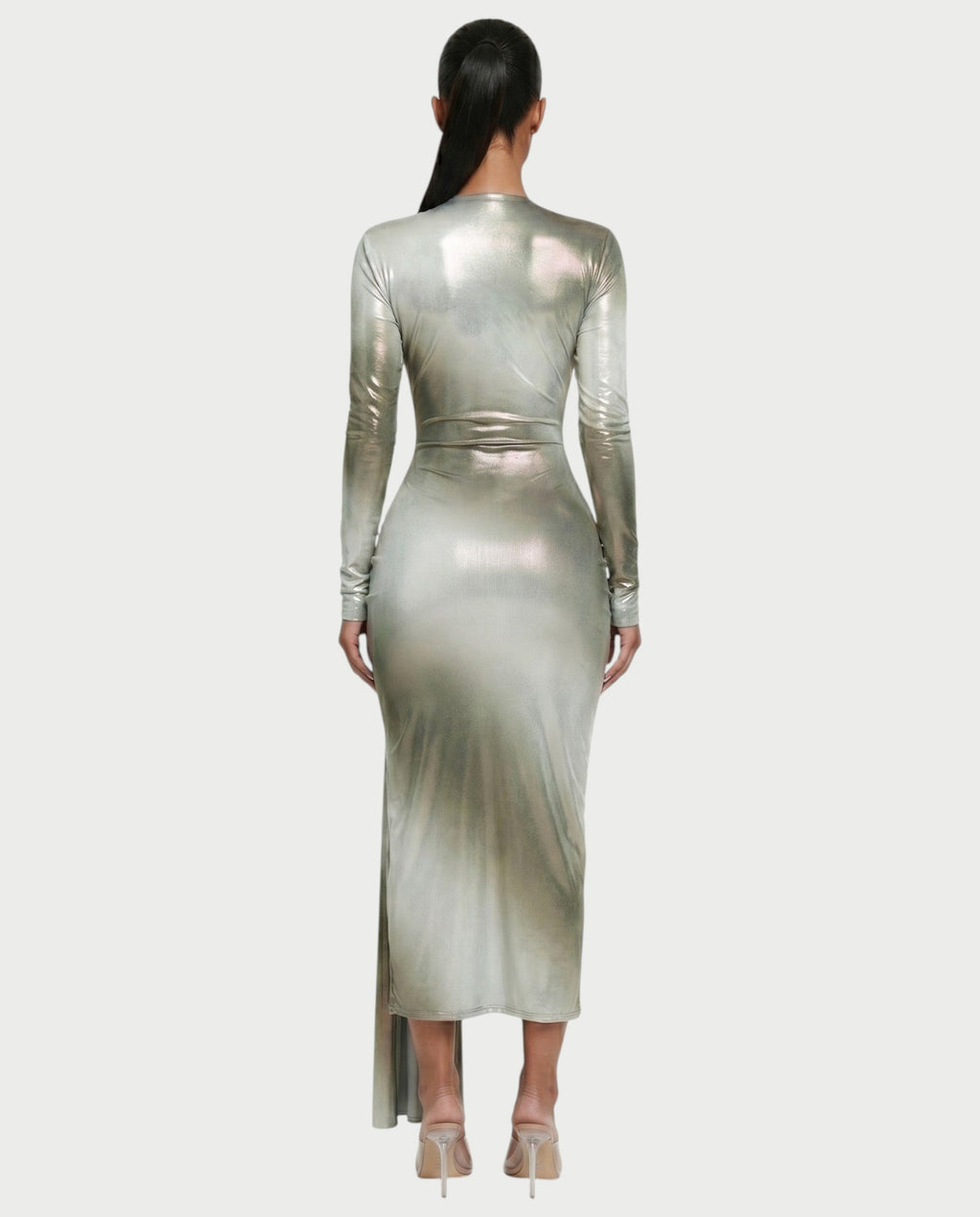 SAMINA Metallic Deep Plunge High Slit Maxi Dress