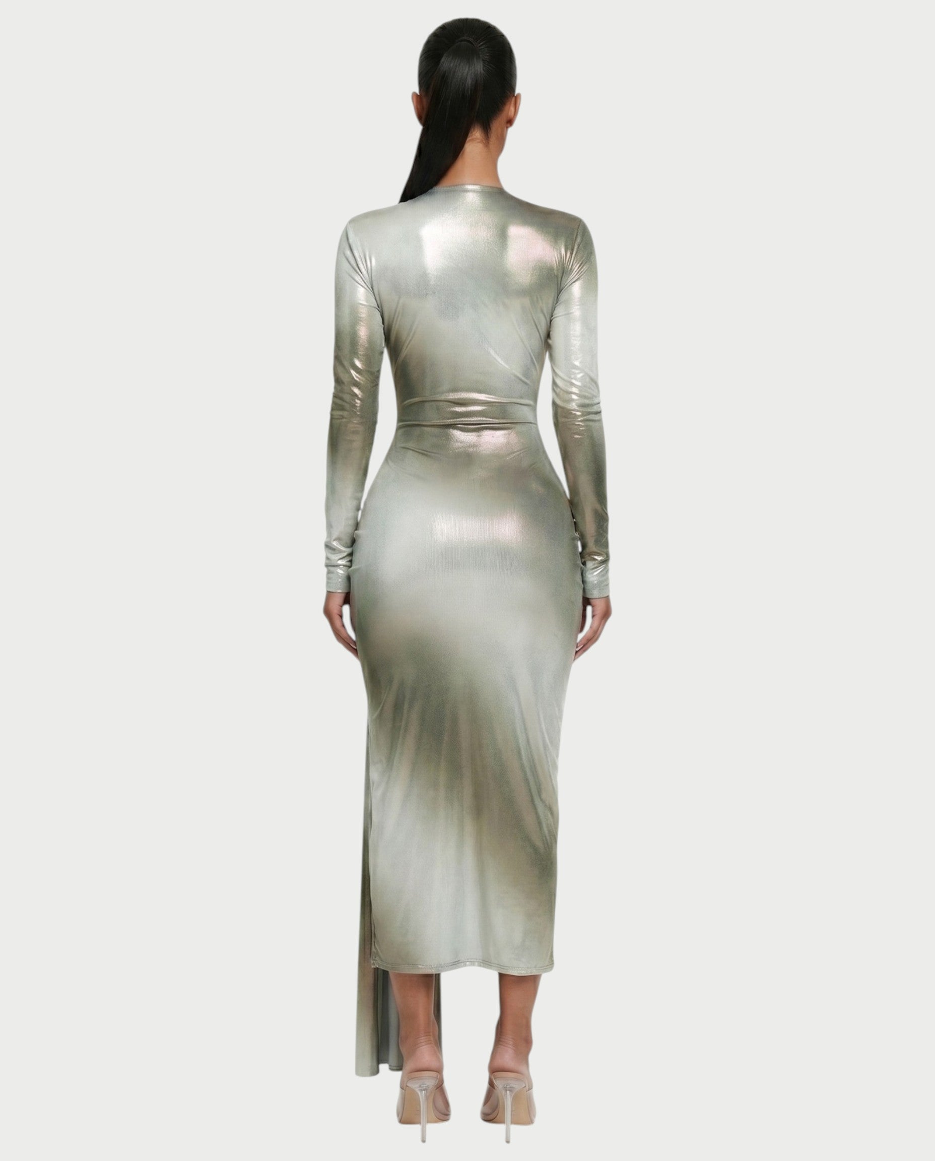 SAMINA Metallic Deep Plunge High Slit Maxi Dress