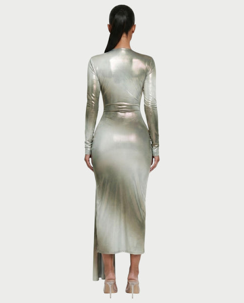 SAMINA Metallic Deep Plunge High Slit Maxi Dress