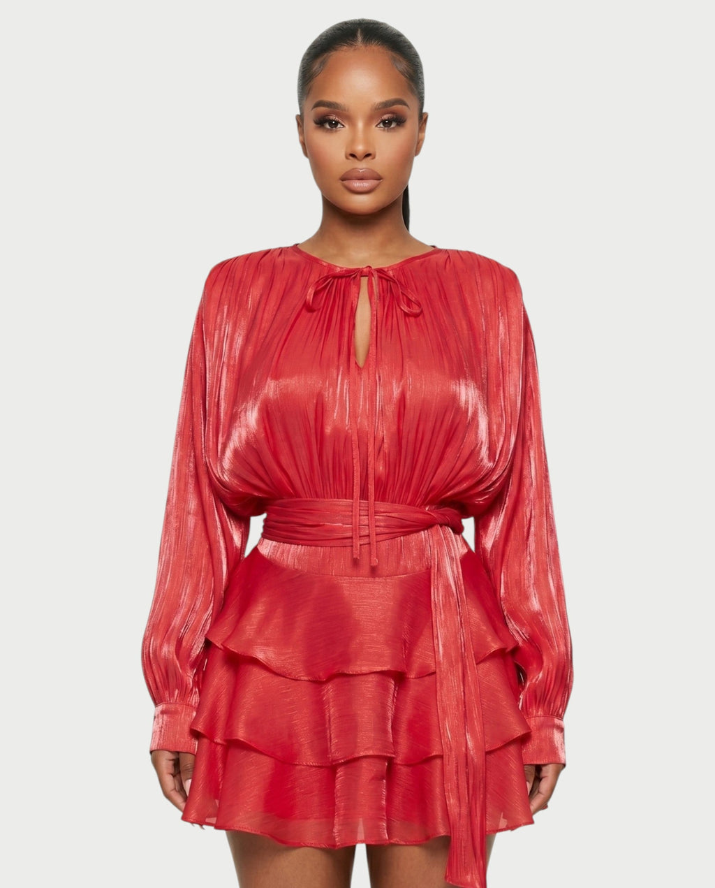 CALIMA Tie-Neck Ruffle Waist Mini Dress