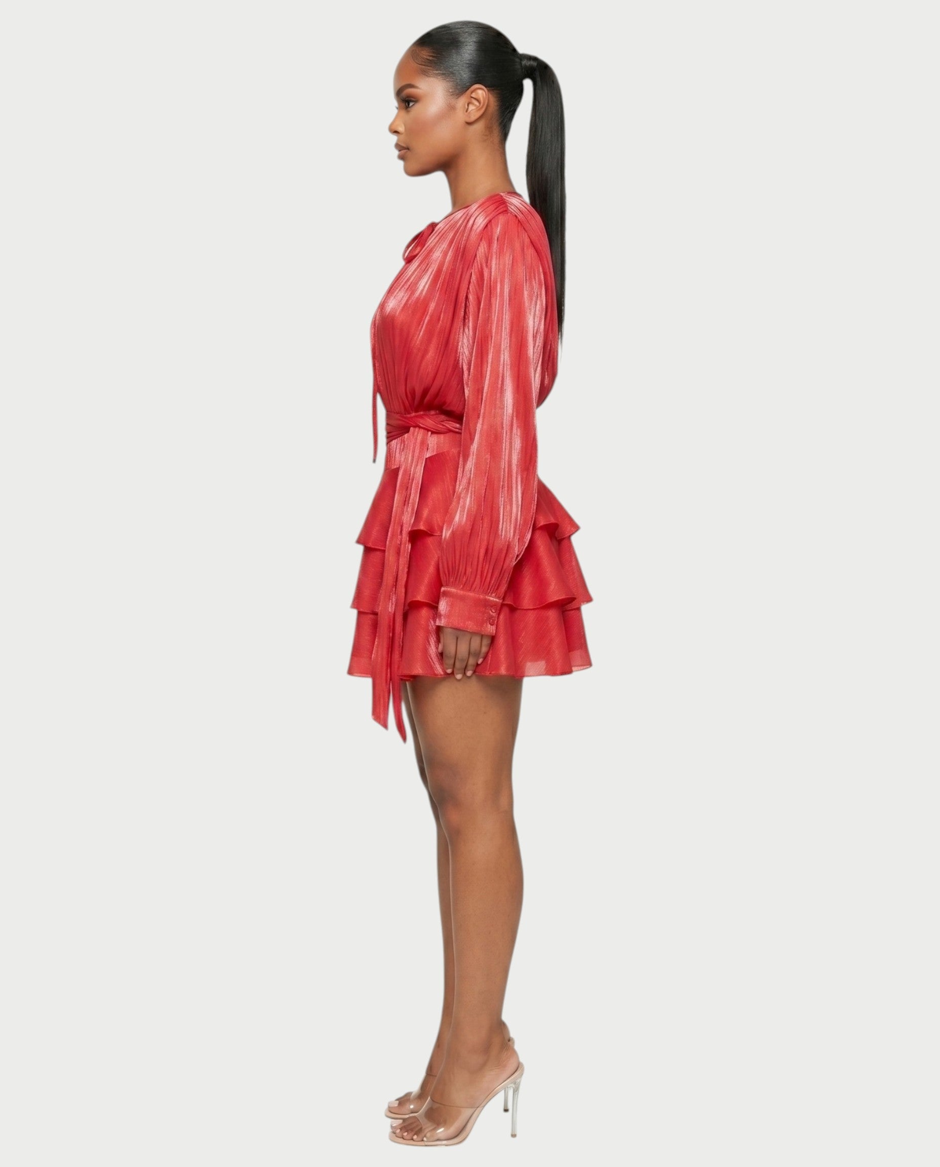 CALIMA Tie-Neck Ruffle Waist Mini Dress