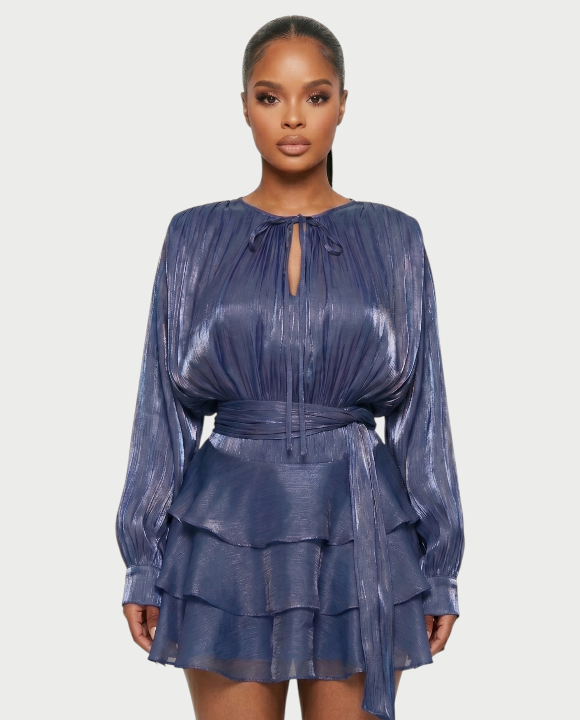 CALIMA Tie-Neck Ruffle Waist Mini Dress