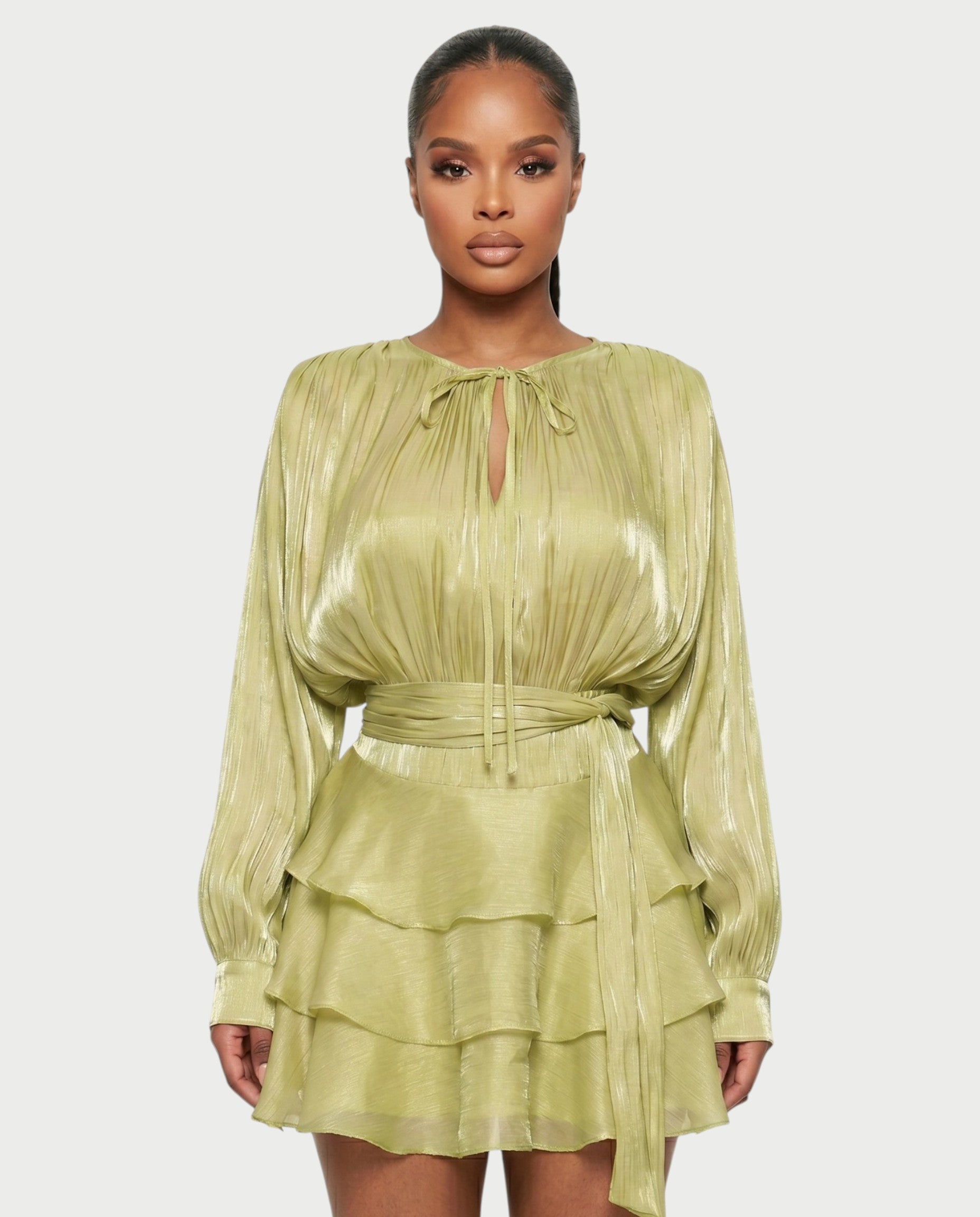CALIMA Tie-Neck Ruffle Waist Mini Dress