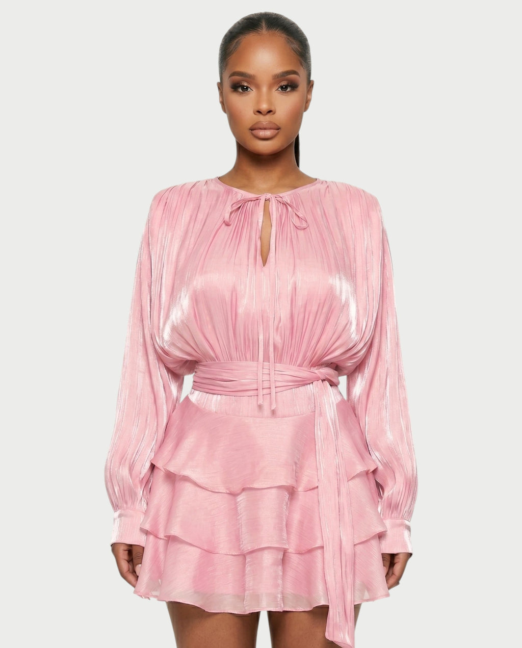 CALIMA Tie-Neck Ruffle Waist Mini Dress